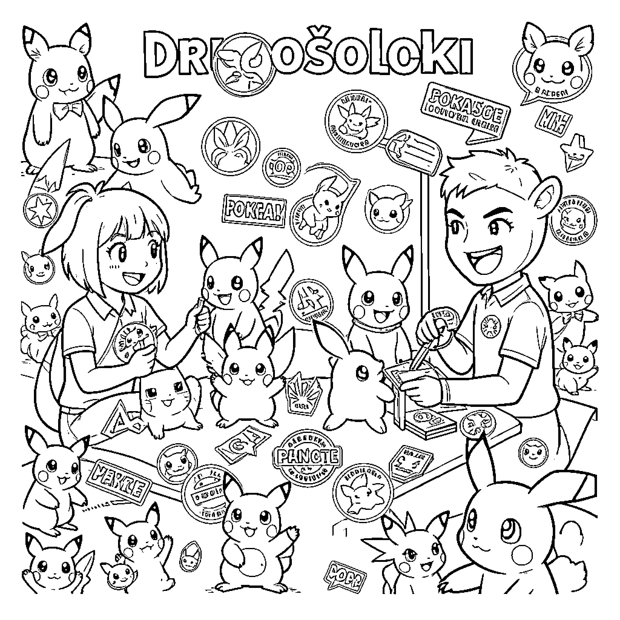 Pokémon characters in playful expressions and outfits Coloring Page (free black-and-white line drawing printable PDF for all, from beginners to advanced learners, including children, teens, adults, and seniors)