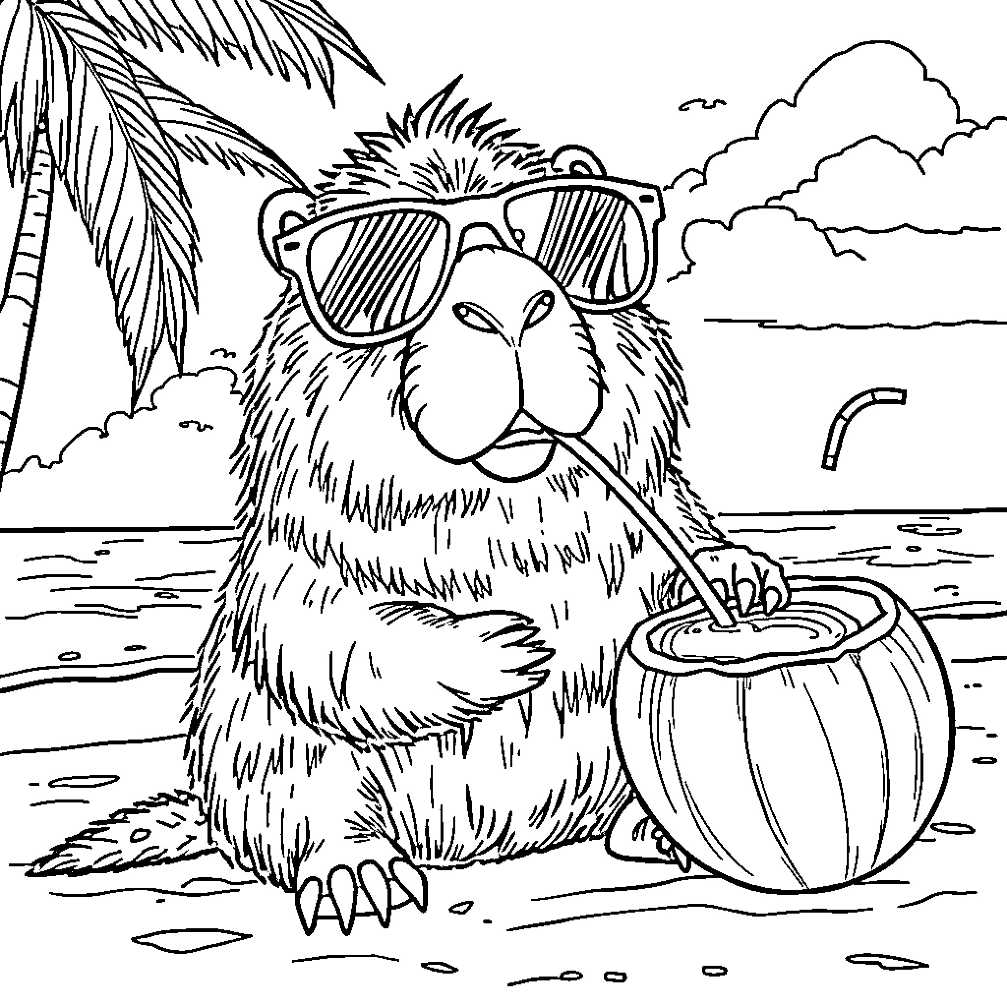 Capybara enjoying a tropical drink on the beach Coloring Page (free black-and-white line drawing printable PDF for all, from beginners to advanced learners, including children, teens, adults, and seniors)