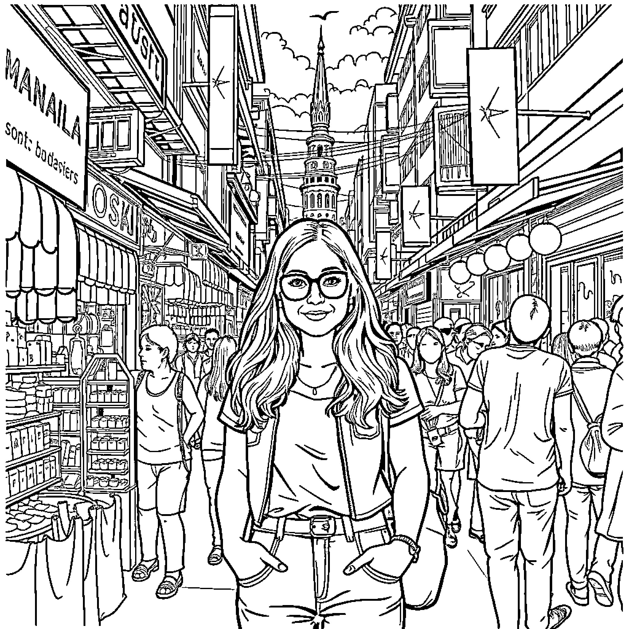 Aleksa Manila exploring a vibrant city street Coloring Page (free black-and-white line drawing printable PDF for all, from beginners to advanced learners, including children, teens, adults, and seniors)