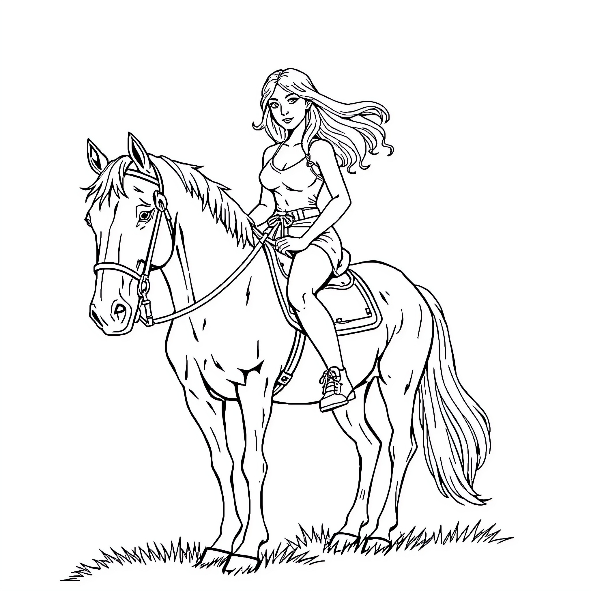 Woman riding horse in the meadow Coloring Page (free black-and-white line drawing printable PDF for all, from beginners to advanced learners, including children, teens, adults, and seniors)