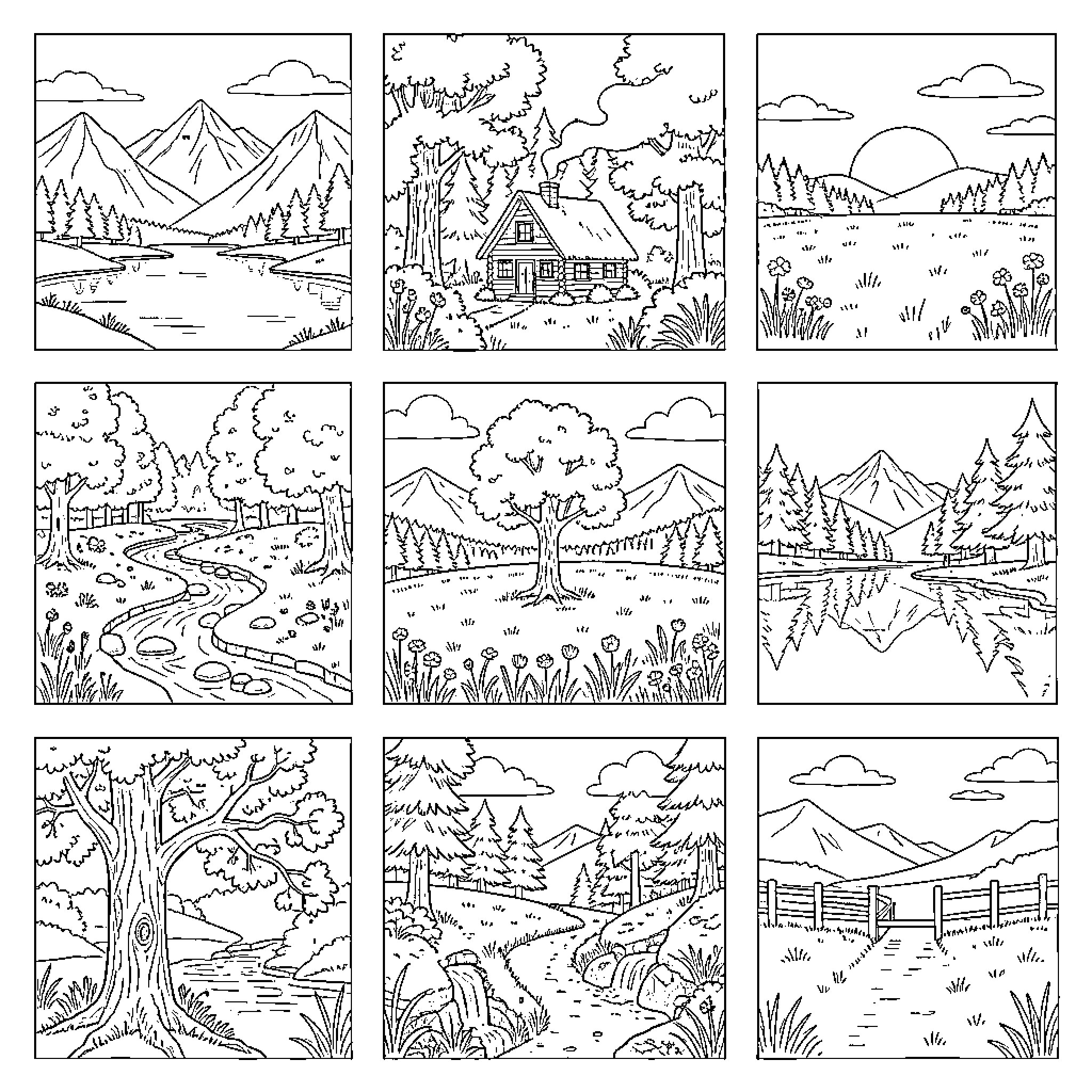 Landscape featuring mountains, forests, rivers, and cozy cottages Coloring Page (free black-and-white line drawing printable PDF for all, from beginners to advanced learners, including children, teens, adults, and seniors)