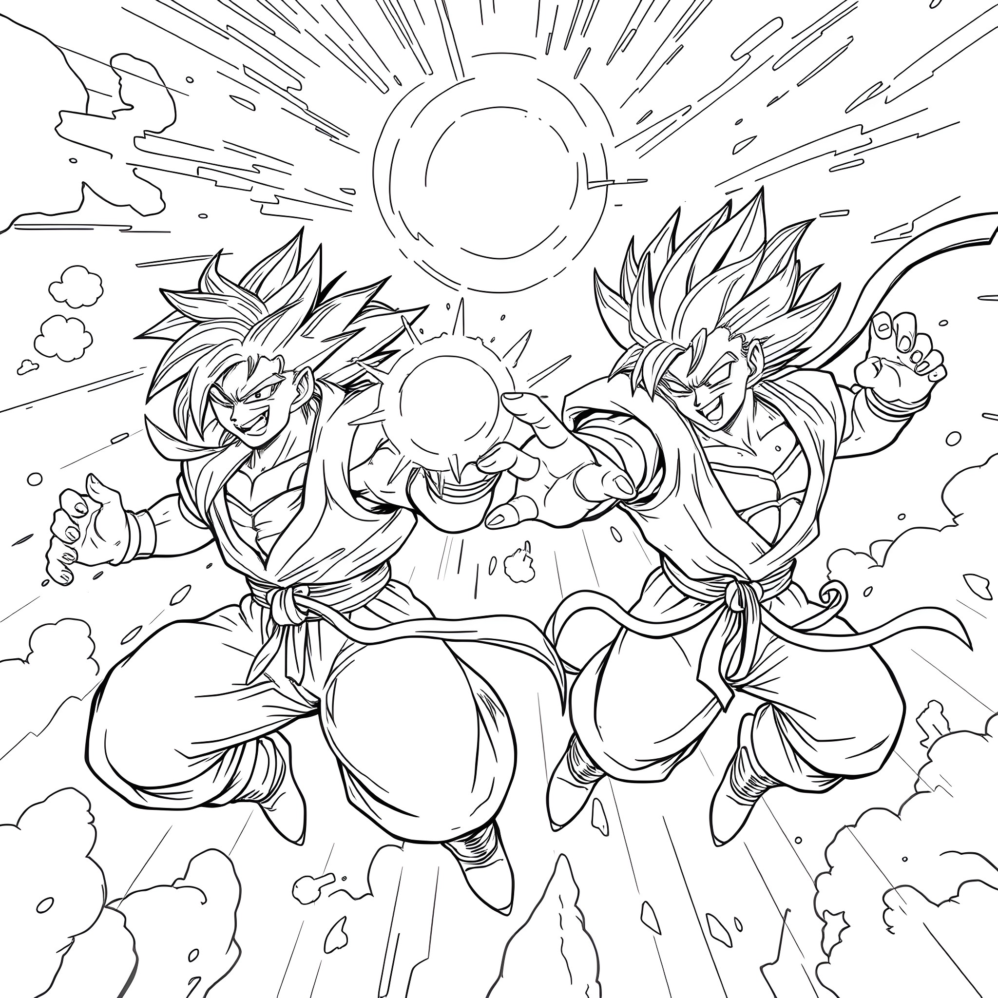 Dragon Ball Z Heroes Battling in Epic Showdown Coloring Page (free black-and-white line drawing printable PDF for all, from beginners to advanced learners, including children, teens, adults, and seniors)