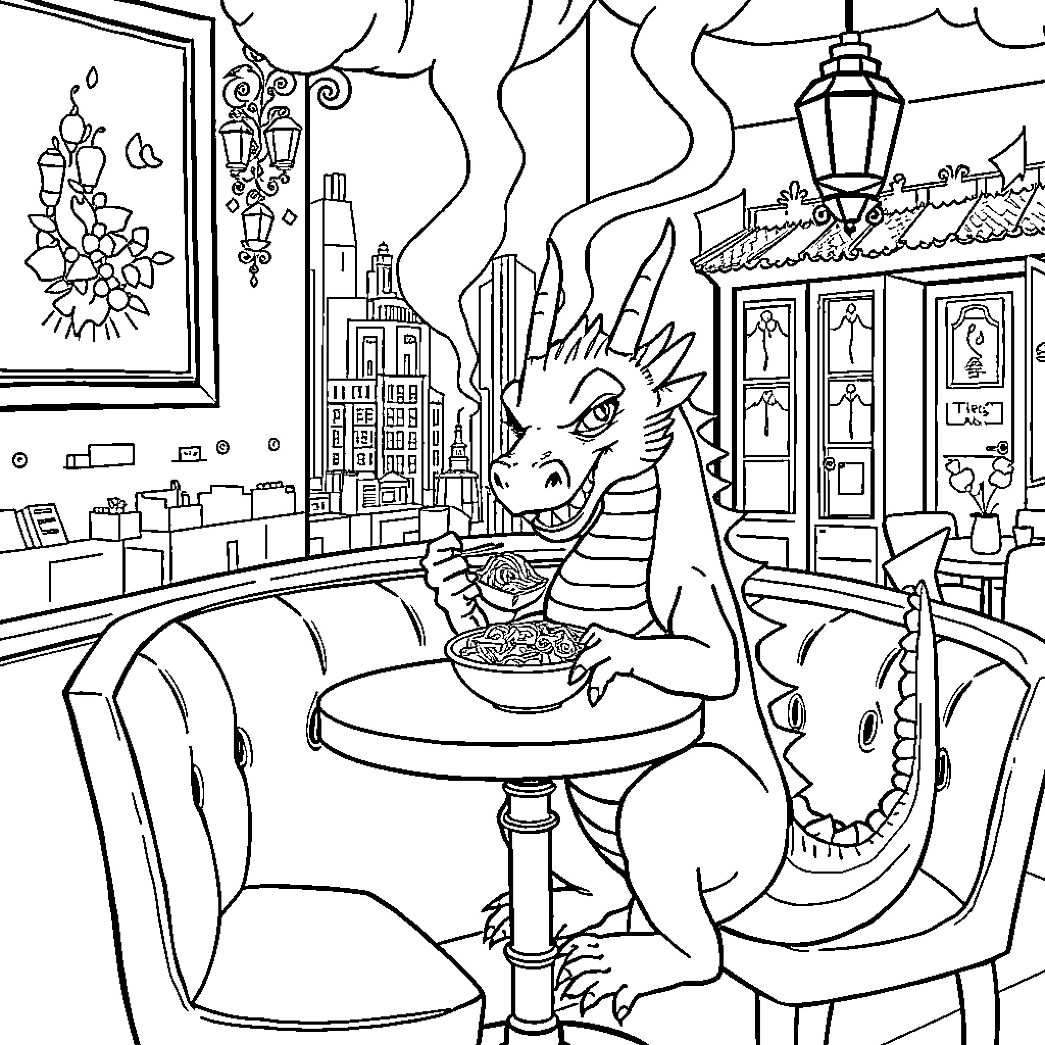 Dragon Enjoying a Meal in a Cozy Cafe Coloring Page (free black-and-white line drawing printable PDF for all, from beginners to advanced learners, including children, teens, adults, and seniors)