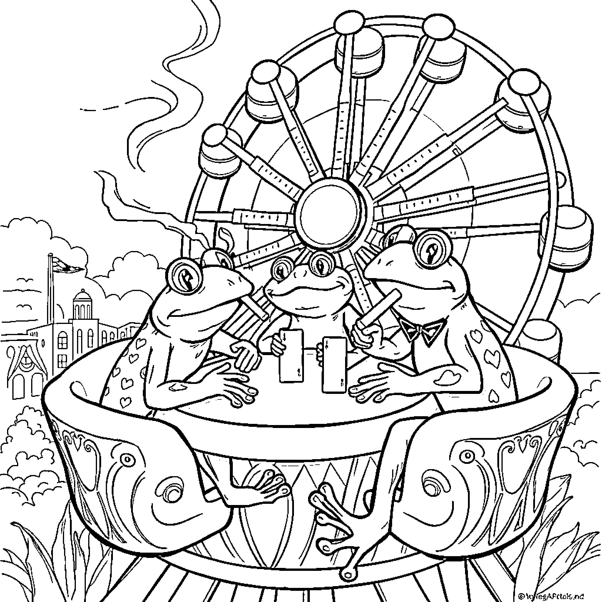 Frog friends enjoying a ferris wheel ride Coloring Page (free black-and-white line drawing printable PDF for all, from beginners to advanced learners, including children, teens, adults, and seniors)