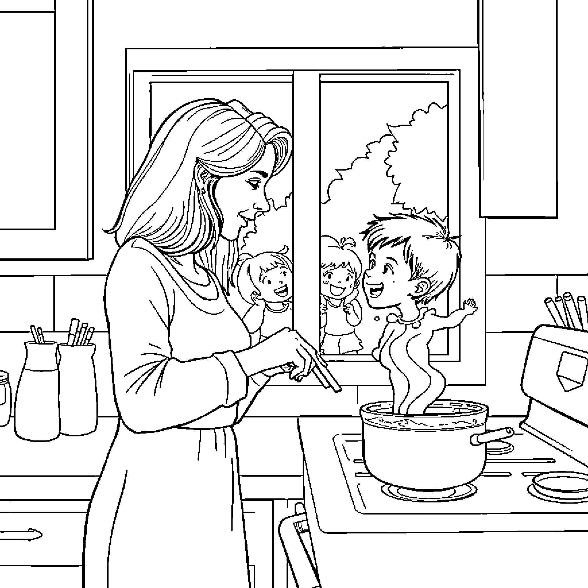 Mother cooking a meal with children in the kitchen Coloring Page (free black-and-white line drawing printable PDF for all, from beginners to advanced learners, including children, teens, adults, and seniors)