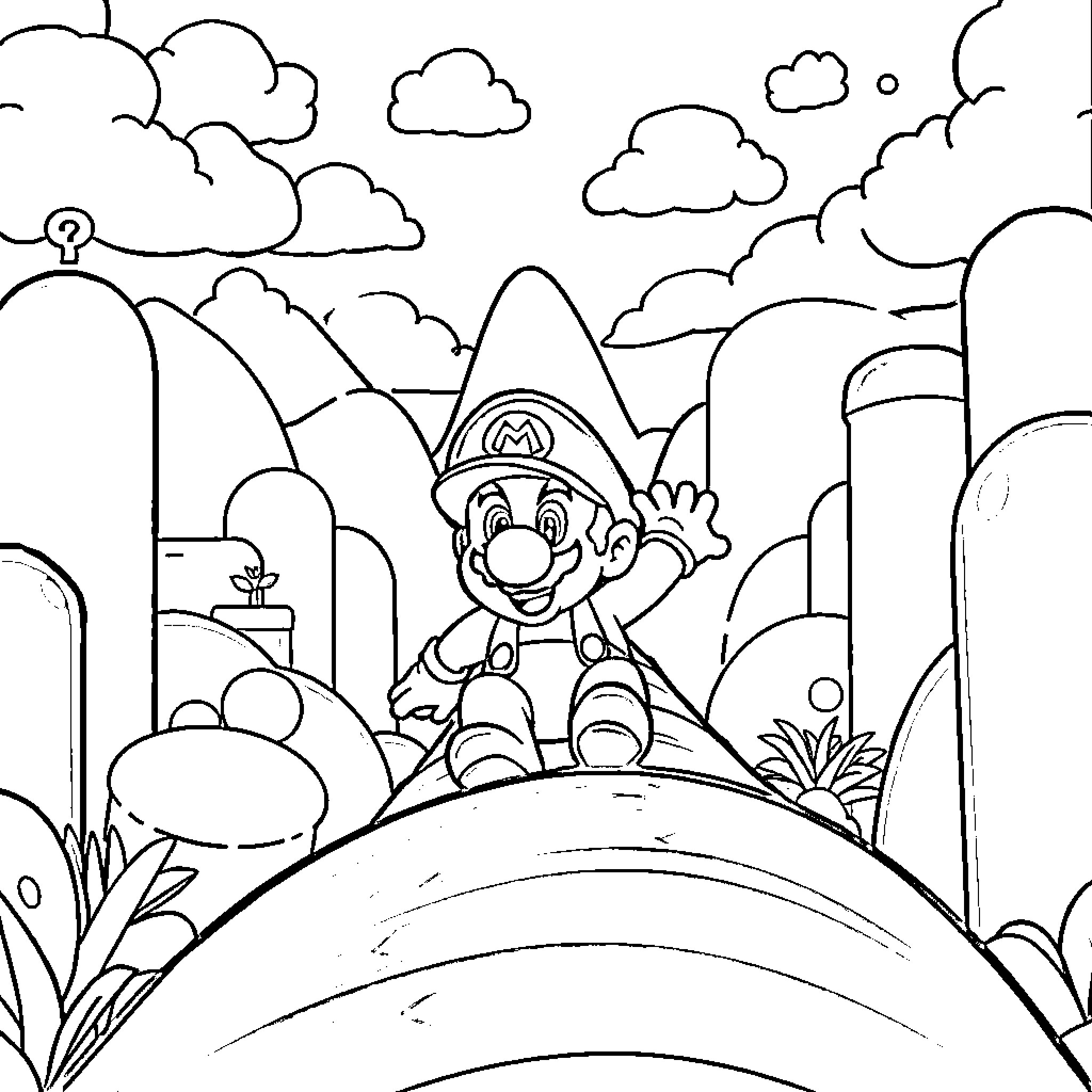 Mario exploring the wondrous outdoors Coloring Page (free black-and-white line drawing printable PDF for all, from beginners to advanced learners, including children, teens, adults, and seniors)