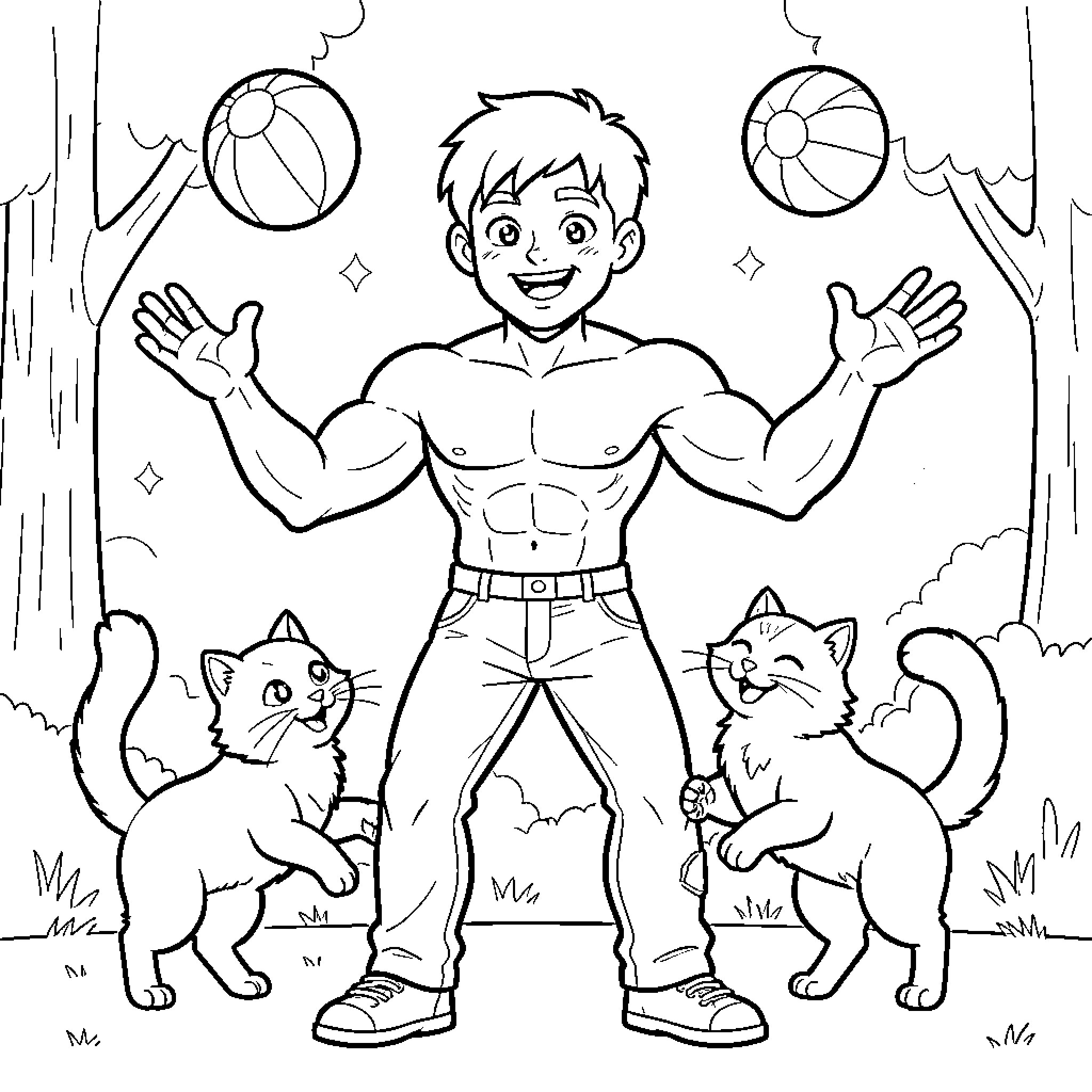 Boy playing happily with balls and cats Coloring Page (free black-and-white line drawing printable PDF for all, from beginners to advanced learners, including children, teens, adults, and seniors)