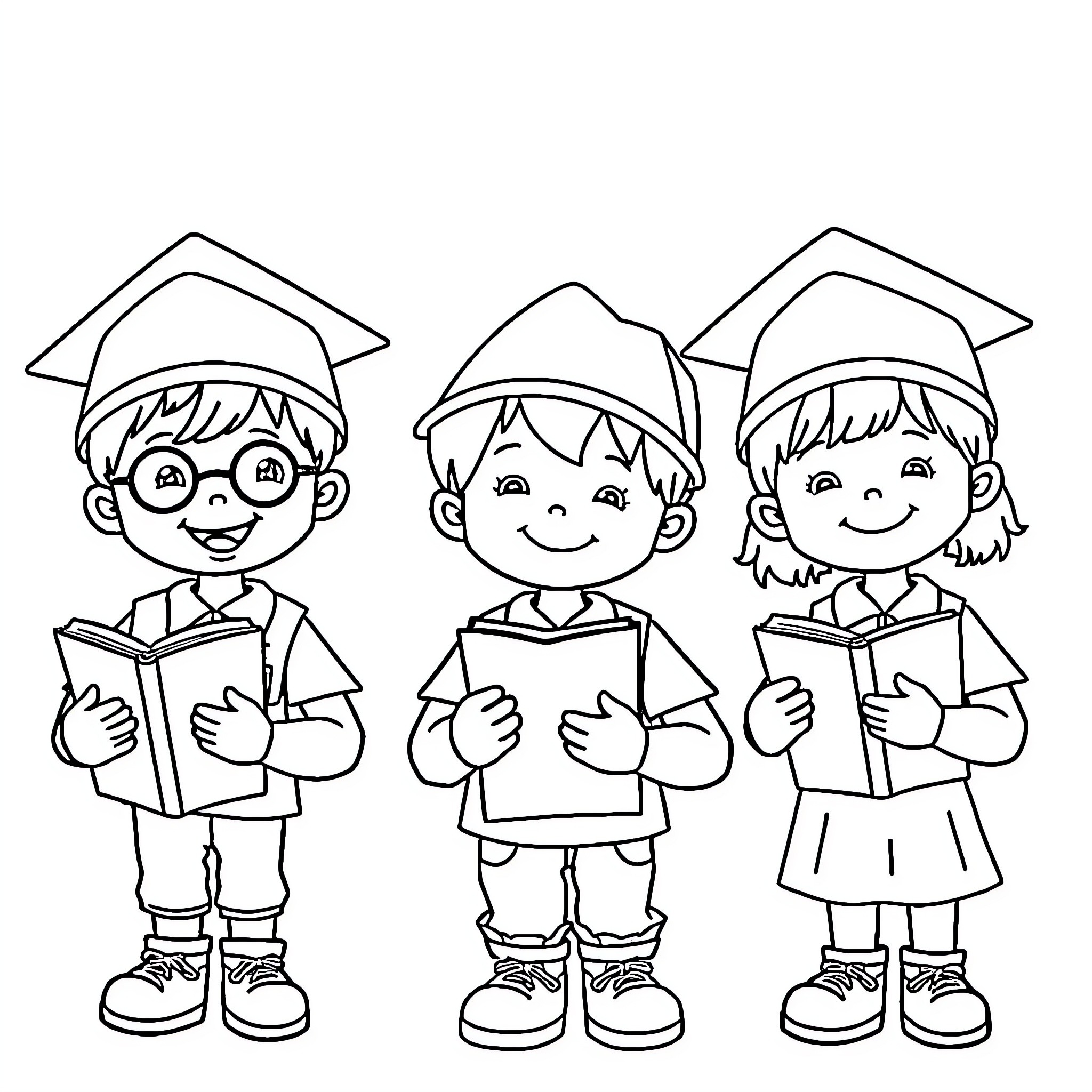 Children in graduation caps holding books Coloring Page (free black-and-white line drawing printable PDF for all, from beginners to advanced learners, including children, teens, adults, and seniors)
