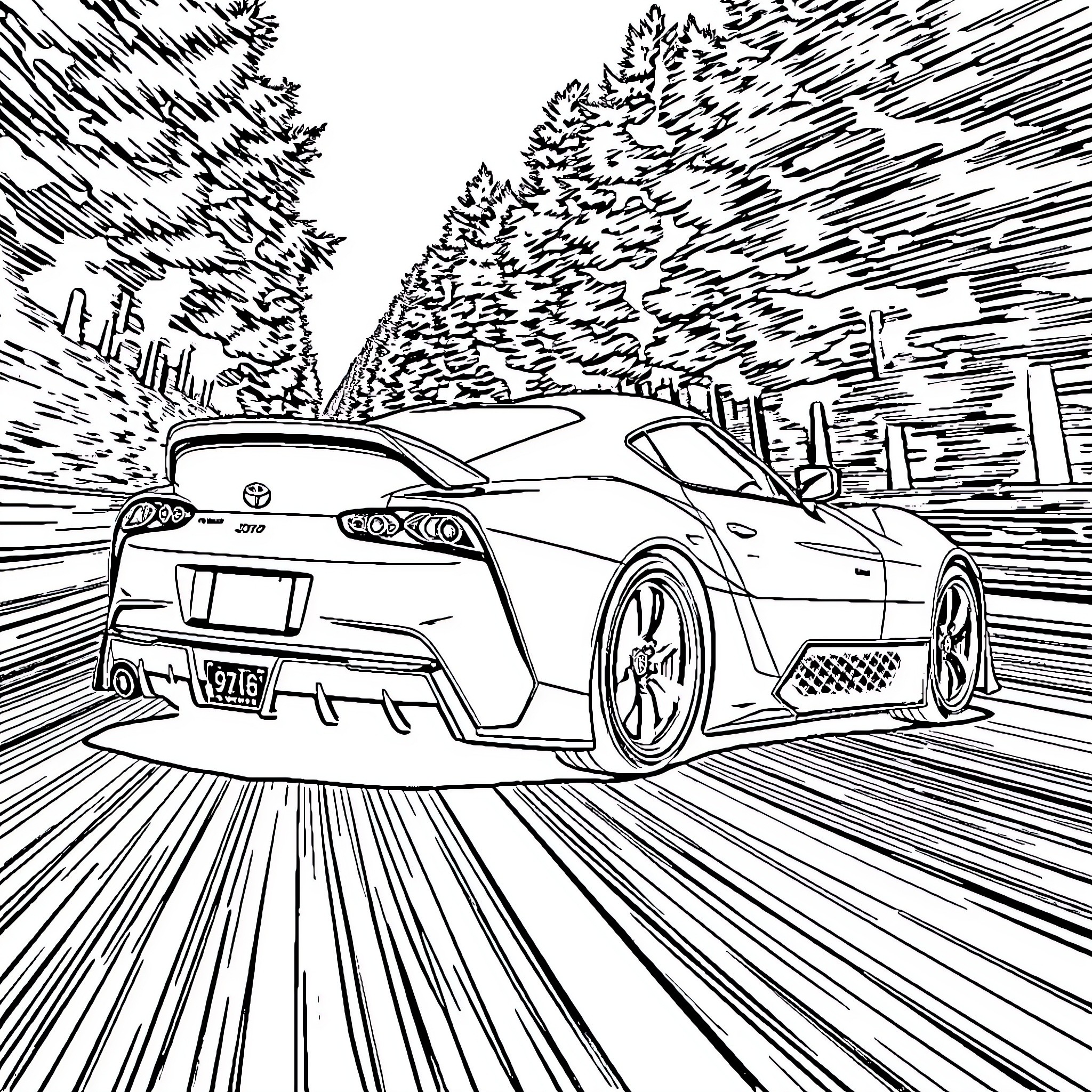 Toyota sports car speeding through forest Coloring Page (free black-and-white line drawing printable PDF for all, from beginners to advanced learners, including children, teens, adults, and seniors)