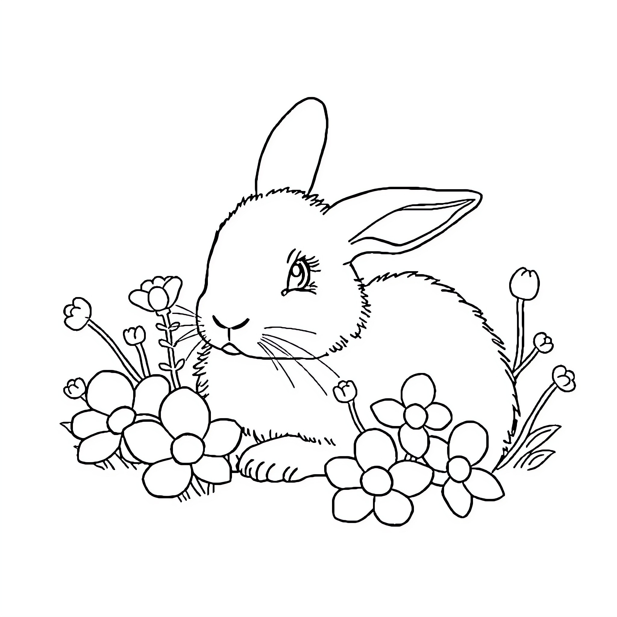 Rabbit surrounded by blooming flowers Coloring Page (free black-and-white line drawing printable PDF for all, from beginners to advanced learners, including children, teens, adults, and seniors)