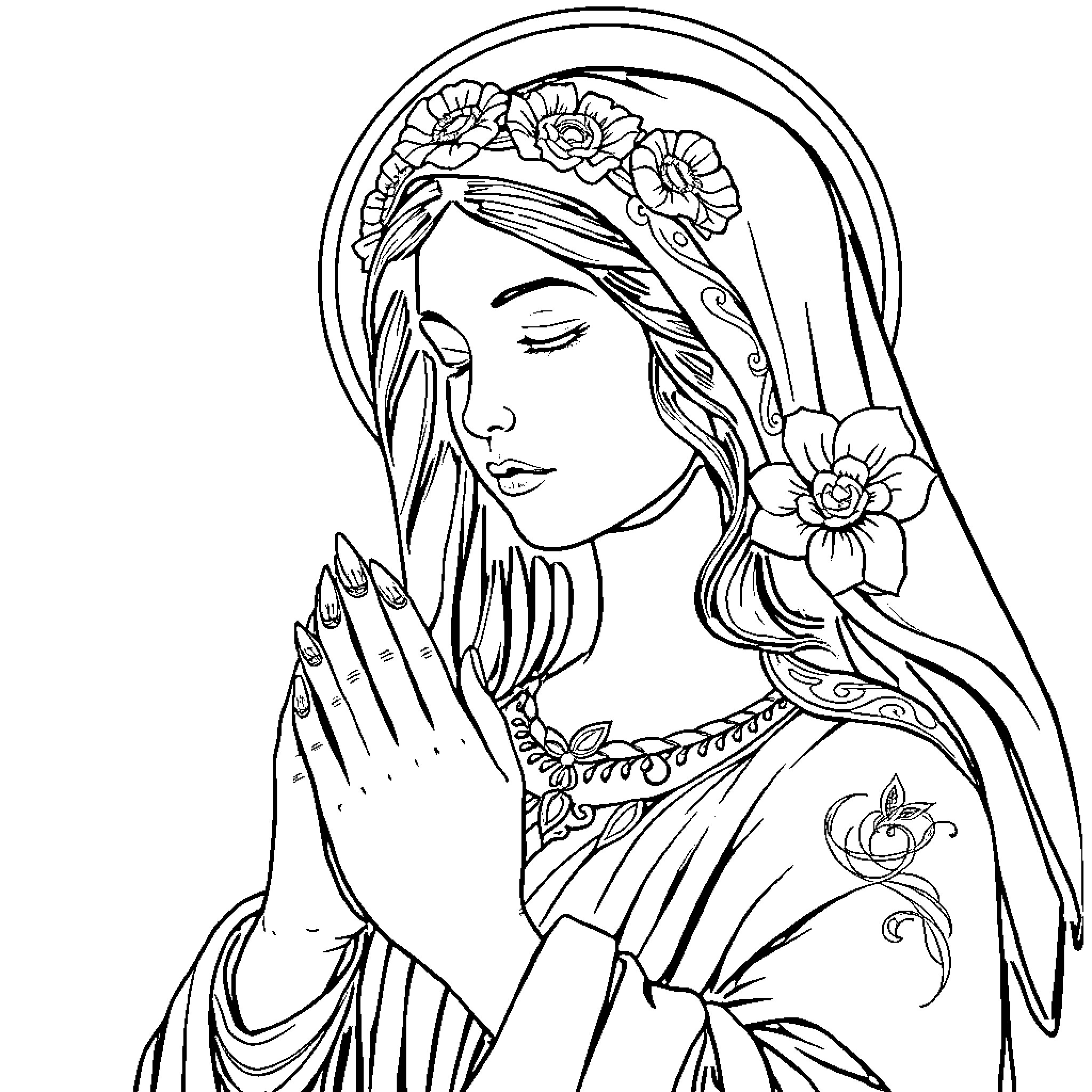 Nail Art of a Praying Woman with Floral Crown Coloring Page (free black-and-white line drawing printable PDF for all, from beginners to advanced learners, including children, teens, adults, and seniors)