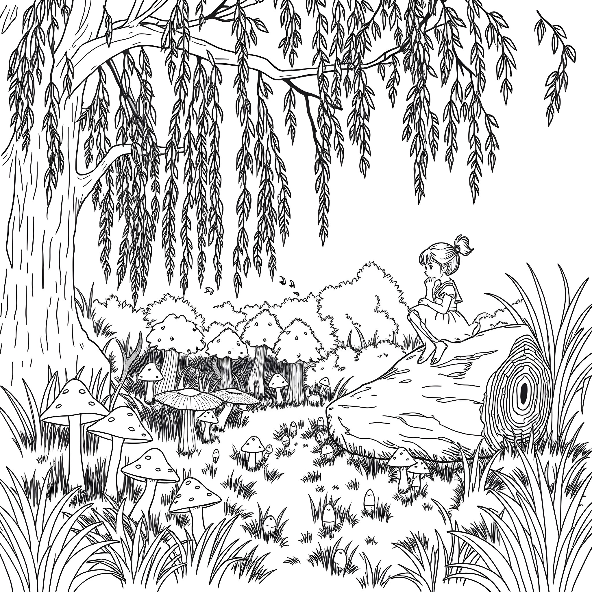 Girl exploring the enchanted forest Coloring Page (free black-and-white line drawing printable PDF for all, from beginners to advanced learners, including children, teens, adults, and seniors)
