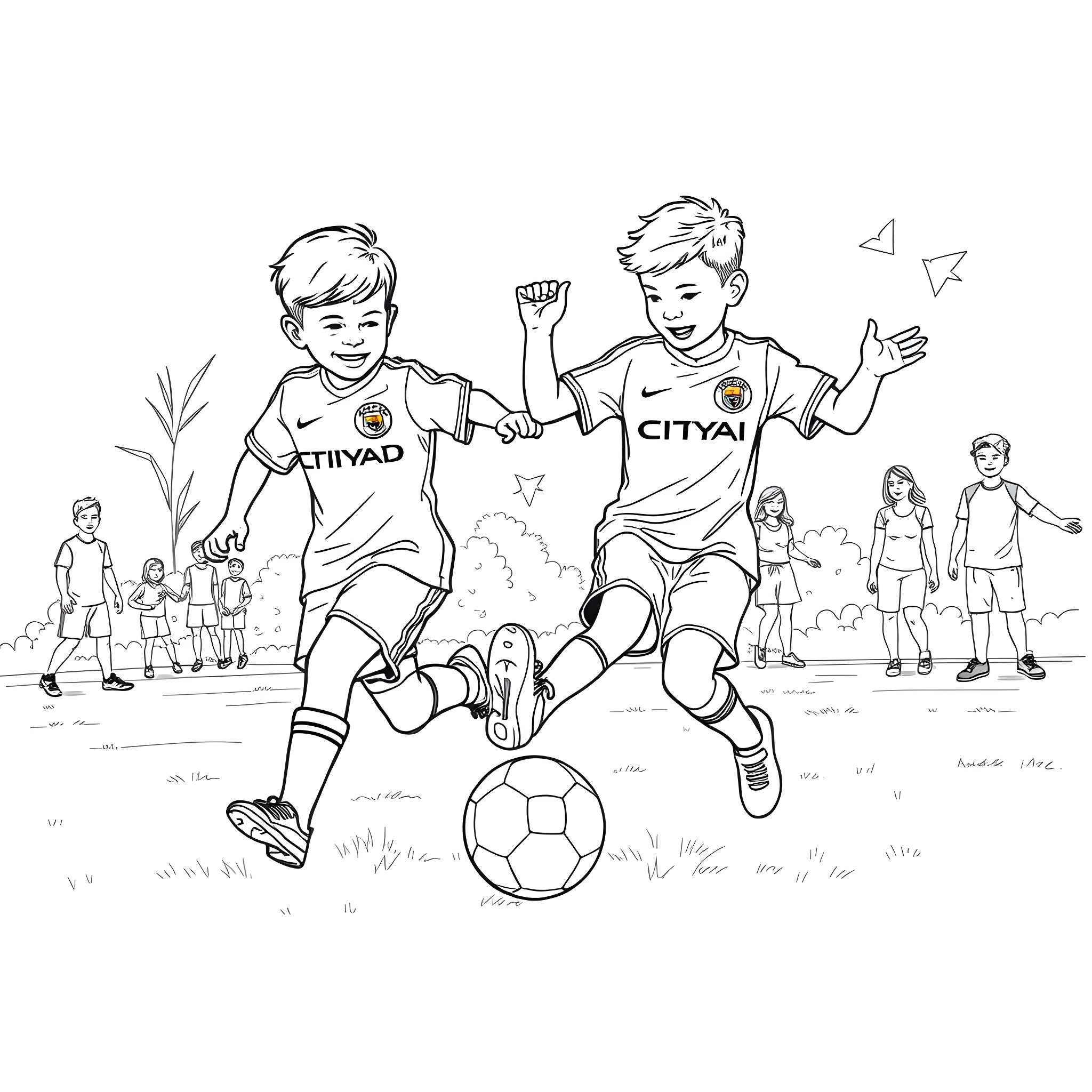 Child soccer players in action on the field Coloring Page (free black-and-white line drawing printable PDF for all, from beginners to advanced learners, including children, teens, adults, and seniors)