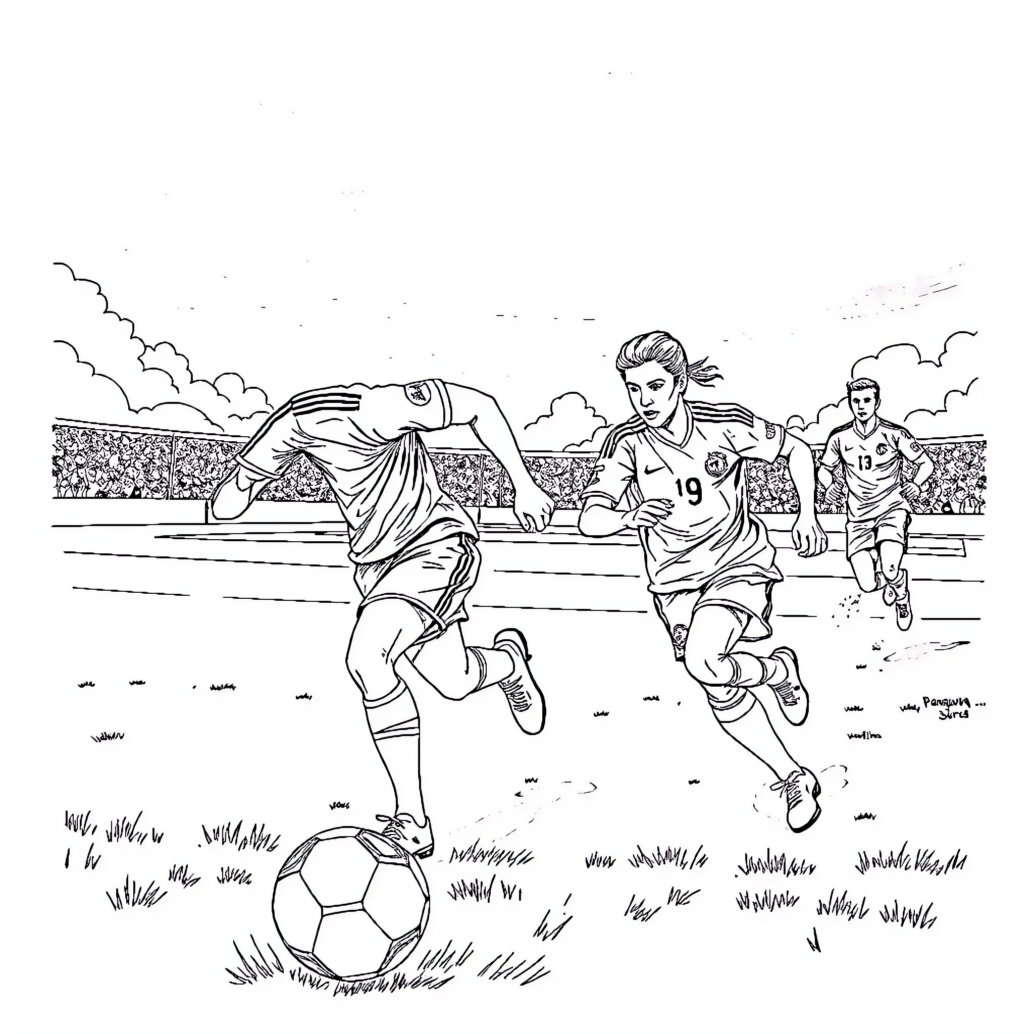Paraguay vs Argentina: Soccer players battling on the field Coloring Page (free black-and-white line drawing printable PDF for all, from beginners to advanced learners, including children, teens, adults, and seniors)