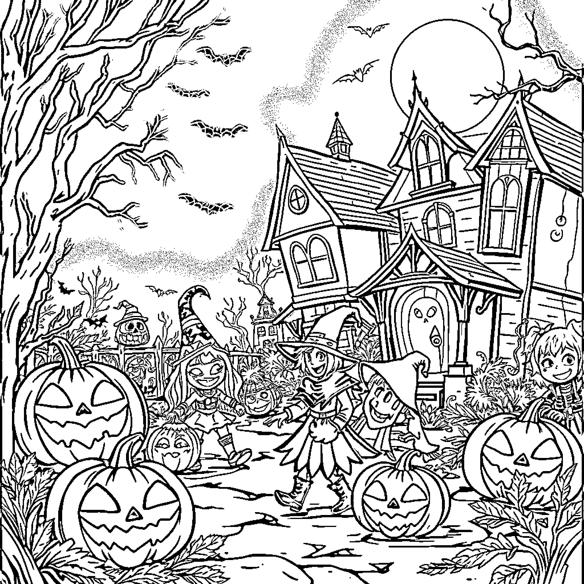Halloween party with spooky decorations and costumed characters Coloring Page (free black-and-white line drawing printable PDF for all, from beginners to advanced learners, including children, teens, adults, and seniors)