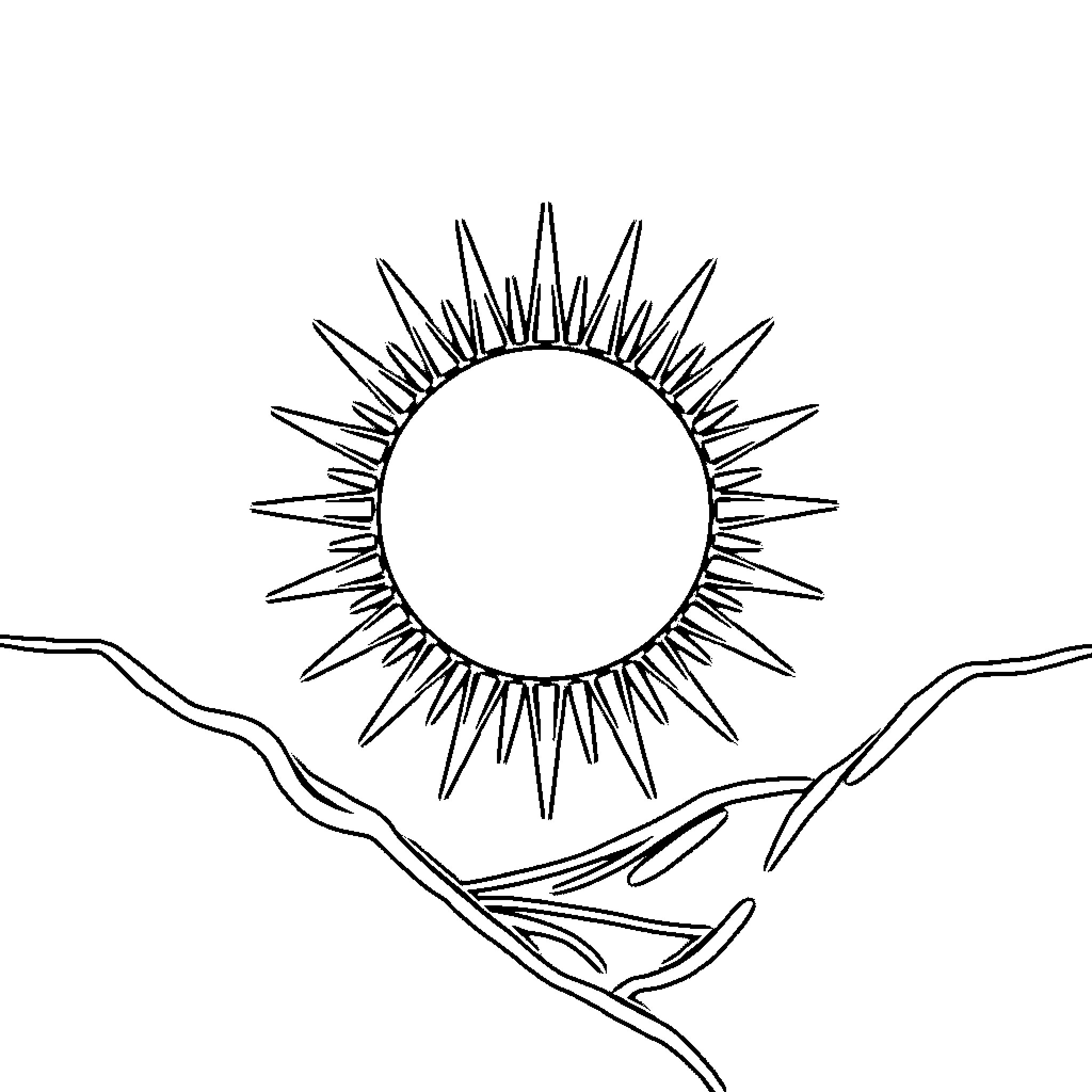 Sun and Moon Rising over Silhouetted Landscape Coloring Page (free black-and-white line drawing printable PDF for all, from beginners to advanced learners, including children, teens, adults, and seniors)