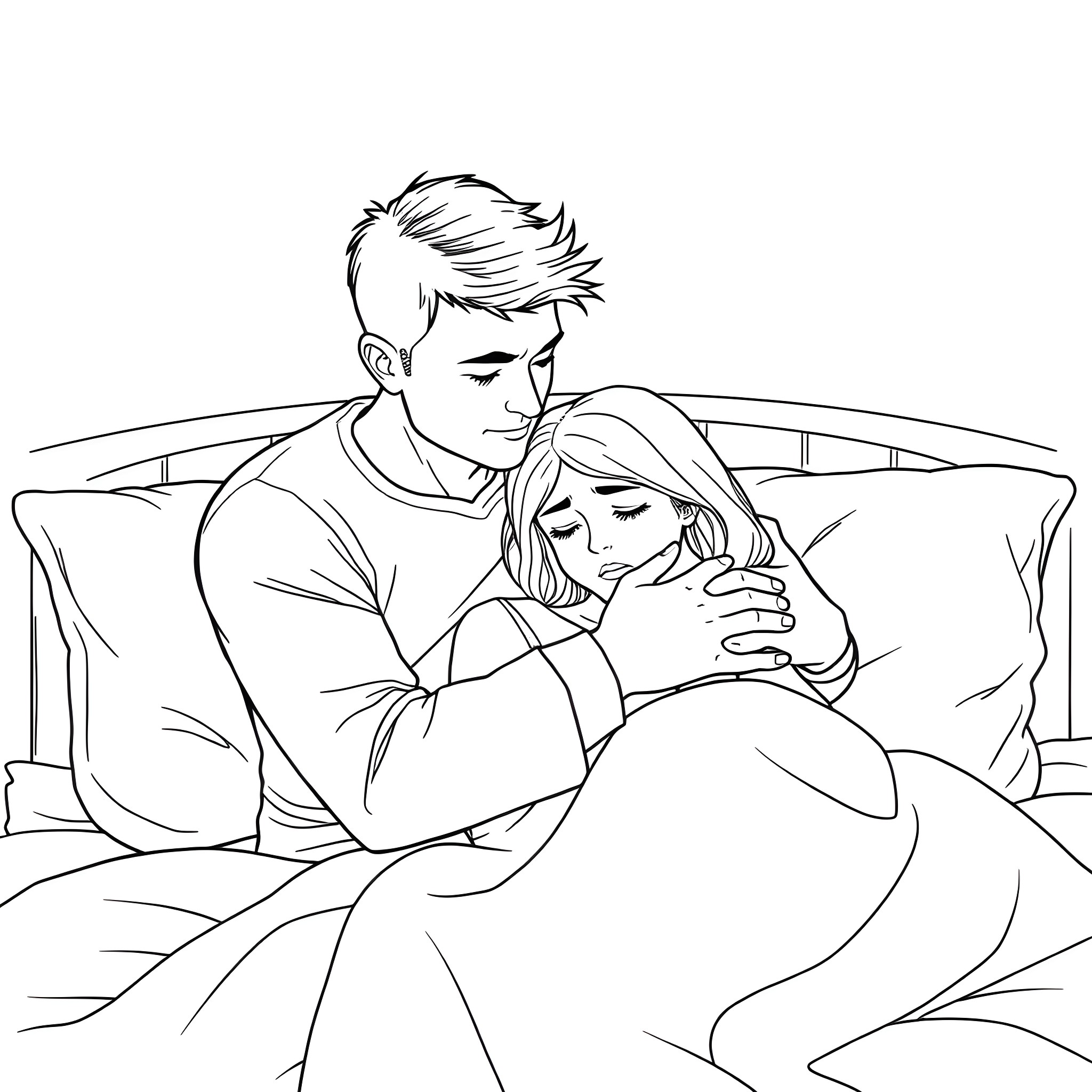 Man comforting woman in bed Coloring Page (free black-and-white line drawing printable PDF for all, from beginners to advanced learners, including children, teens, adults, and seniors)