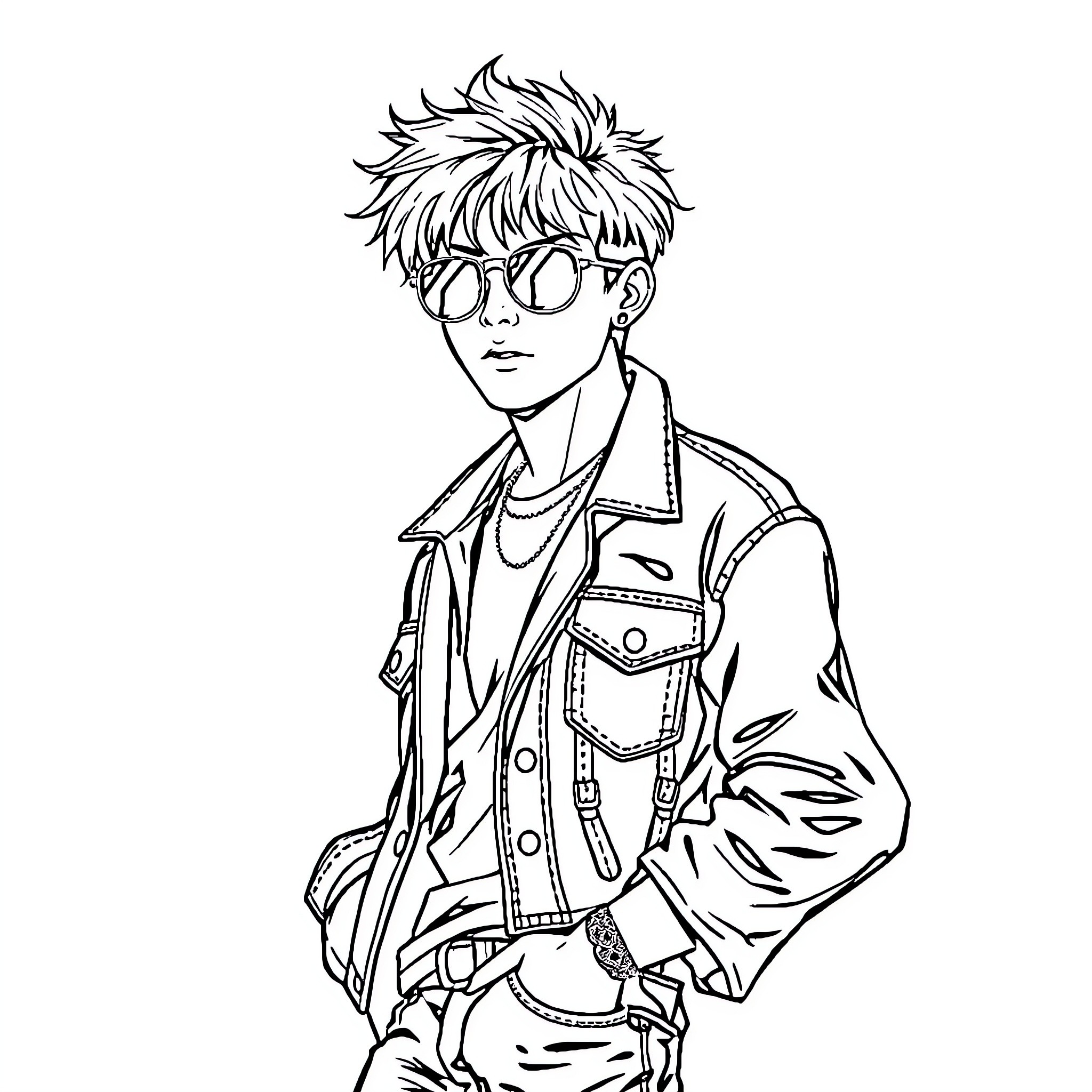 K Pop Character Wearing Stylish Outfit Coloring Page (free black-and-white line drawing printable PDF for all, from beginners to advanced learners, including children, teens, adults, and seniors)