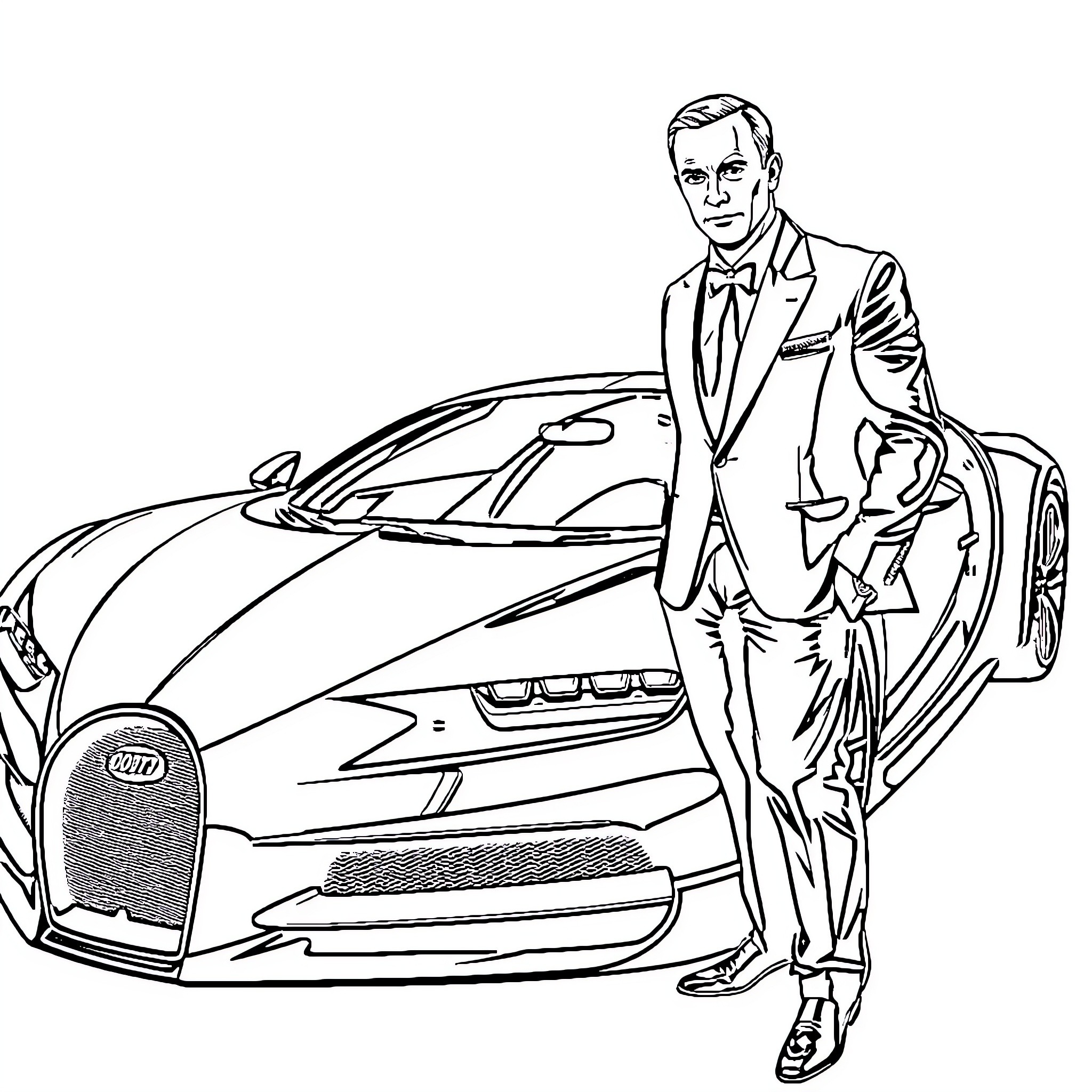 James Bond in Sleek Sports Car Sporting Dapper Suit Coloring Page (free black-and-white line drawing printable PDF for all, from beginners to advanced learners, including children, teens, adults, and seniors)