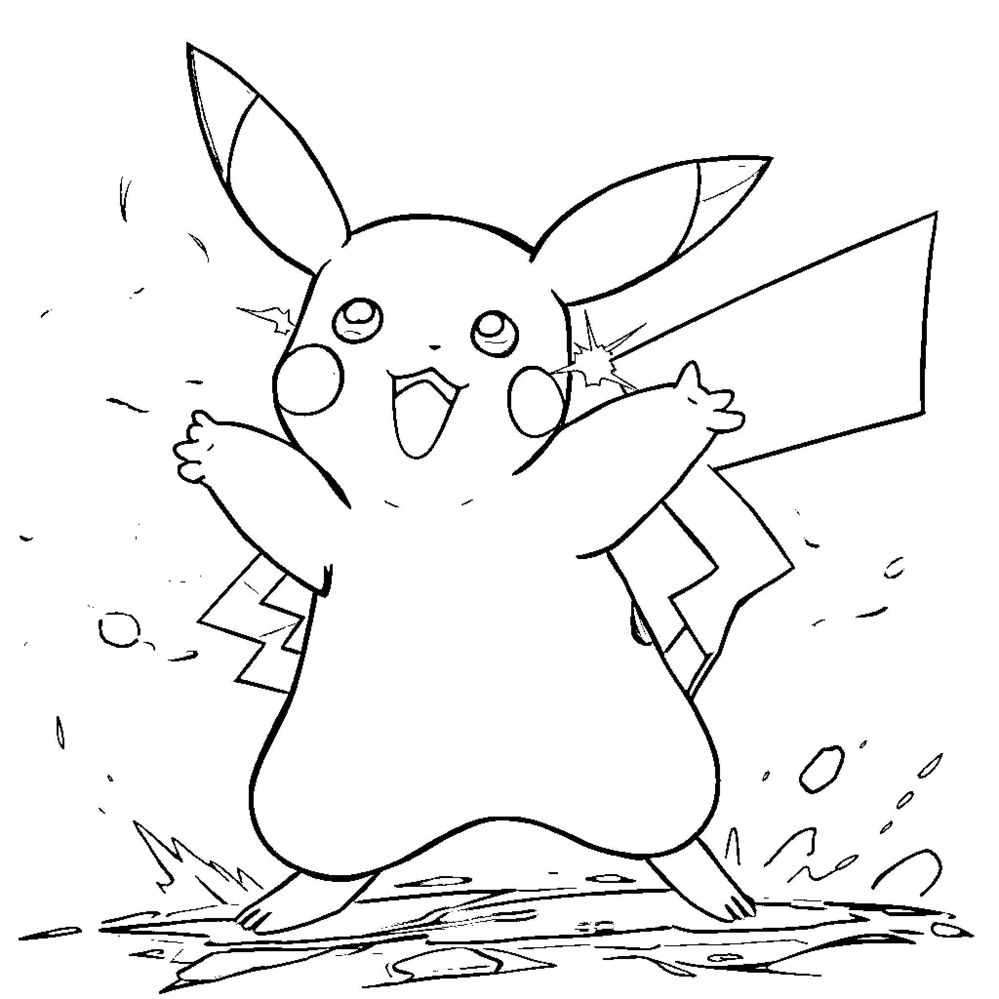Pikachu jumping and playing energetically Coloring Page (free black-and-white line drawing printable PDF for all, from beginners to advanced learners, including children, teens, adults, and seniors)