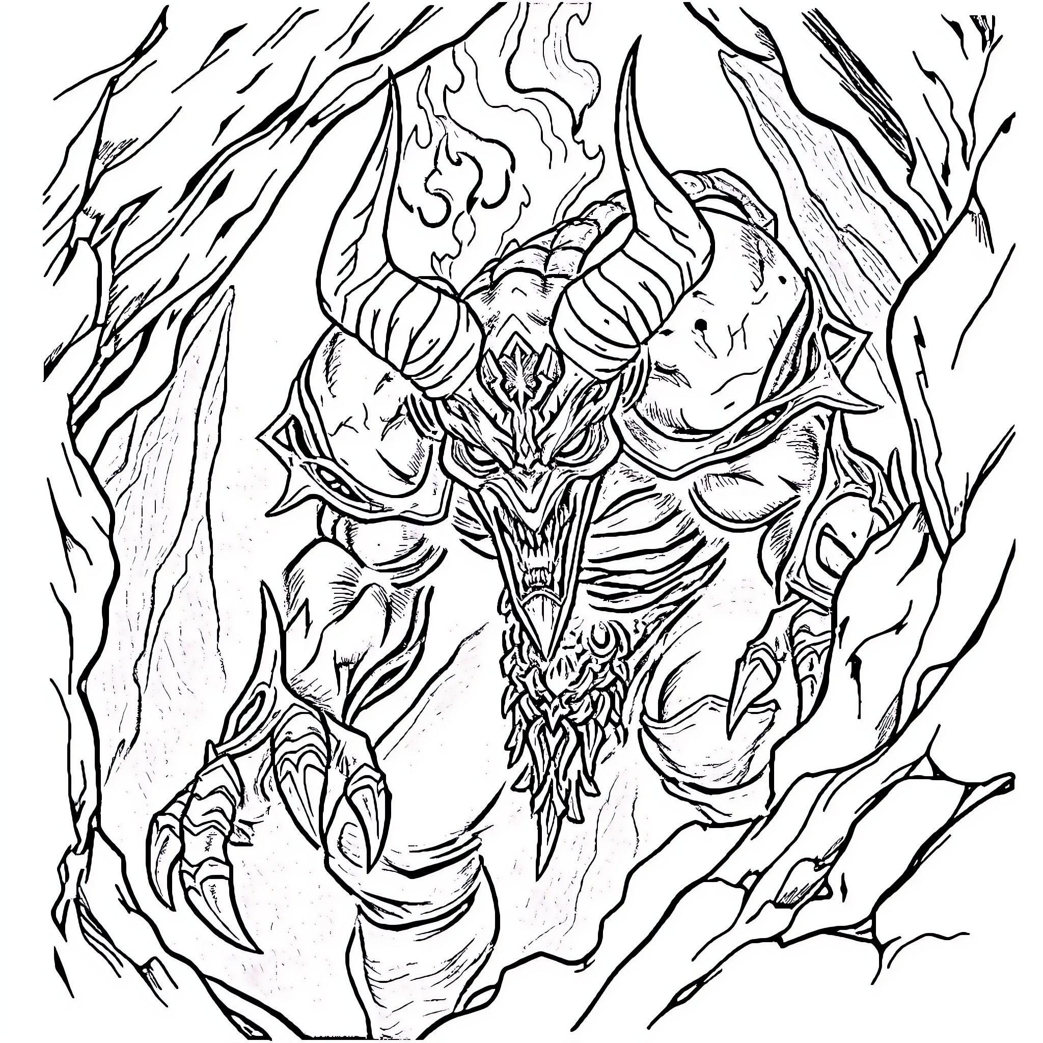 Diablo's Demonic Manifestation Amidst Chaotic Surroundings Coloring Page (free black-and-white line drawing printable PDF for all, from beginners to advanced learners, including children, teens, adults, and seniors)