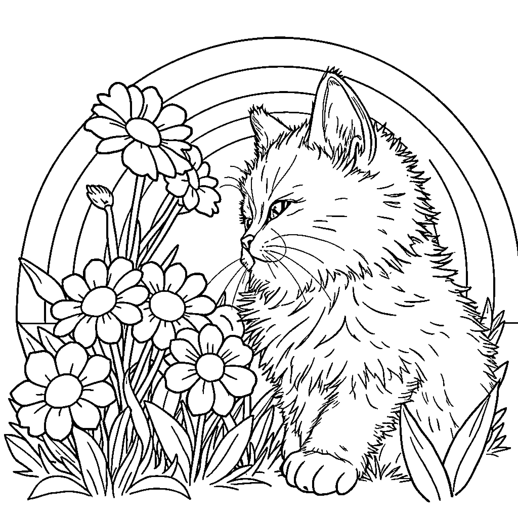 Cat in a Floral Garden Coloring Page (free black-and-white line drawing printable PDF for all, from beginners to advanced learners, including children, teens, adults, and seniors)