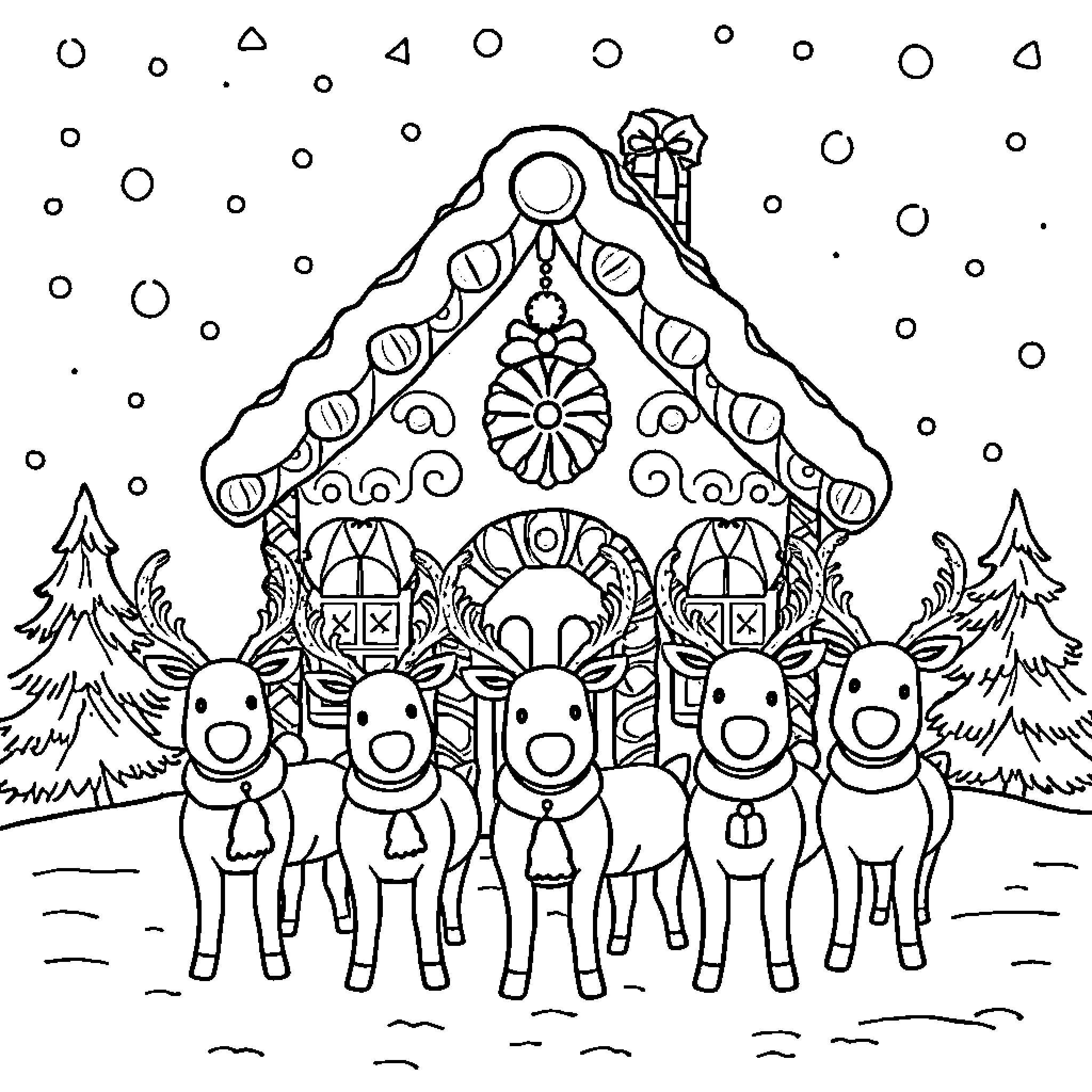 Gingerbread House with Reindeer in Snowy Scene Coloring Page (free black-and-white line drawing printable PDF for all, from beginners to advanced learners, including children, teens, adults, and seniors)