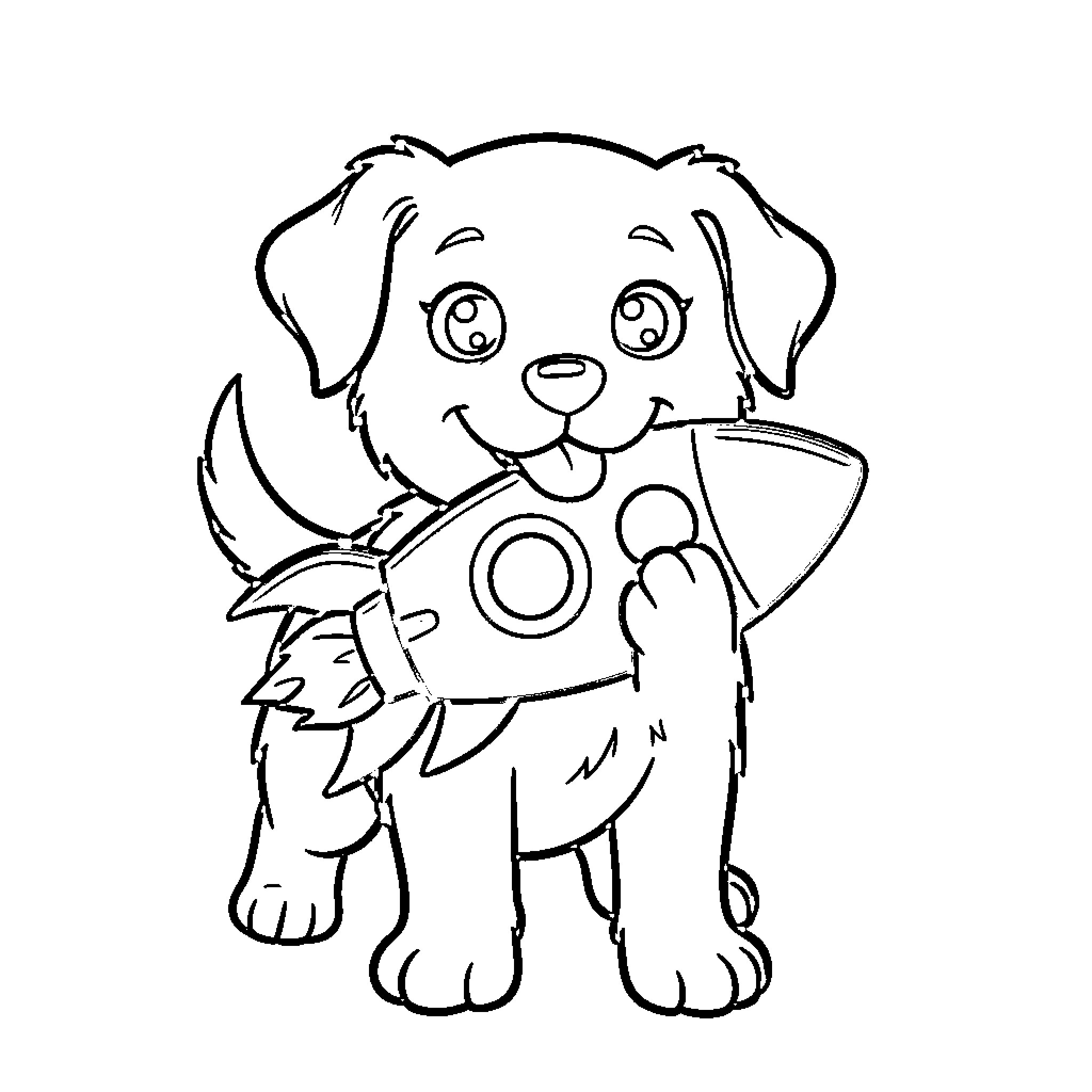 Dog Playing with Toy Rocket Coloring Page (free black-and-white line drawing printable PDF for all, from beginners to advanced learners, including children, teens, adults, and seniors)