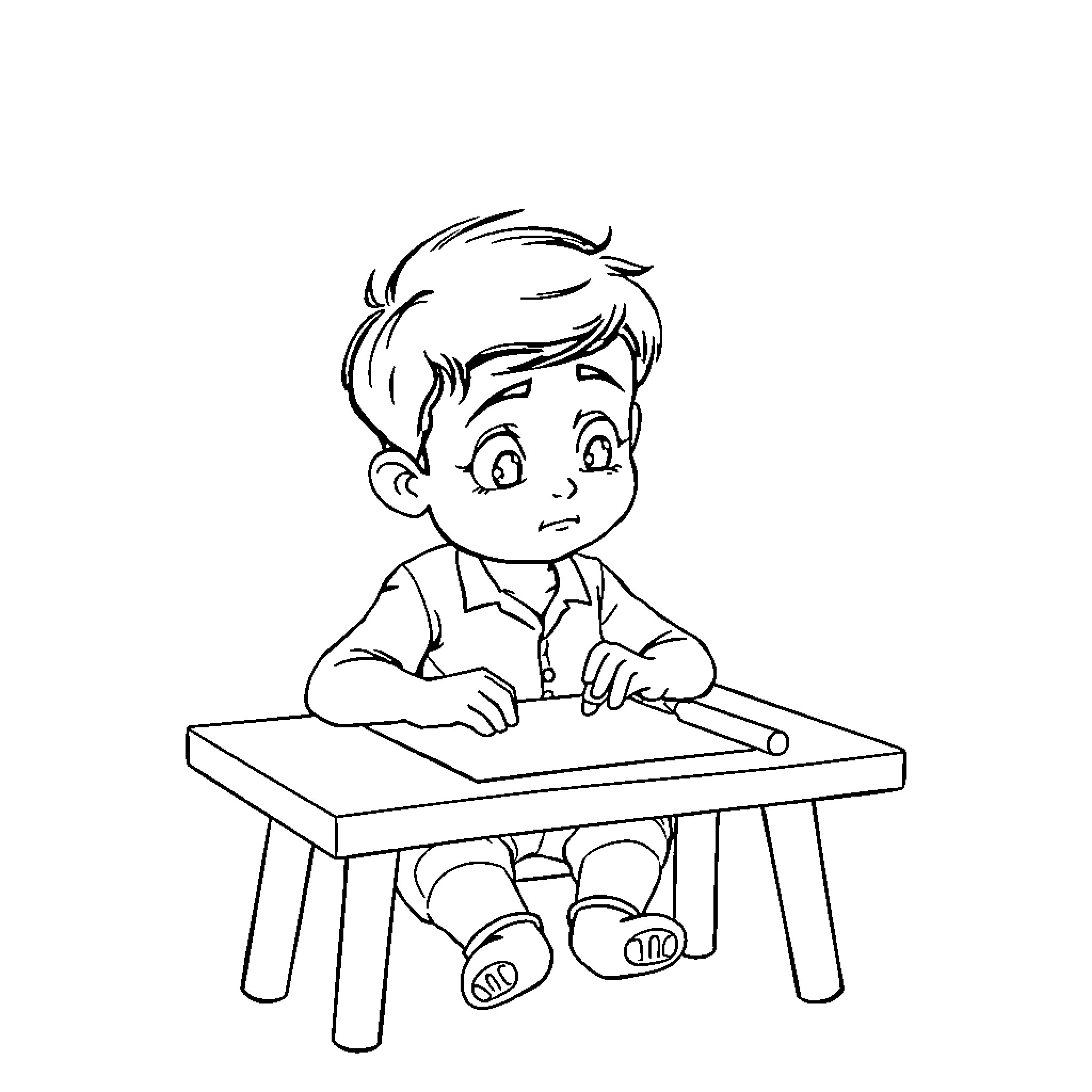 Boy working diligently at his desk Coloring Page (free black-and-white line drawing printable PDF for all, from beginners to advanced learners, including children, teens, adults, and seniors)