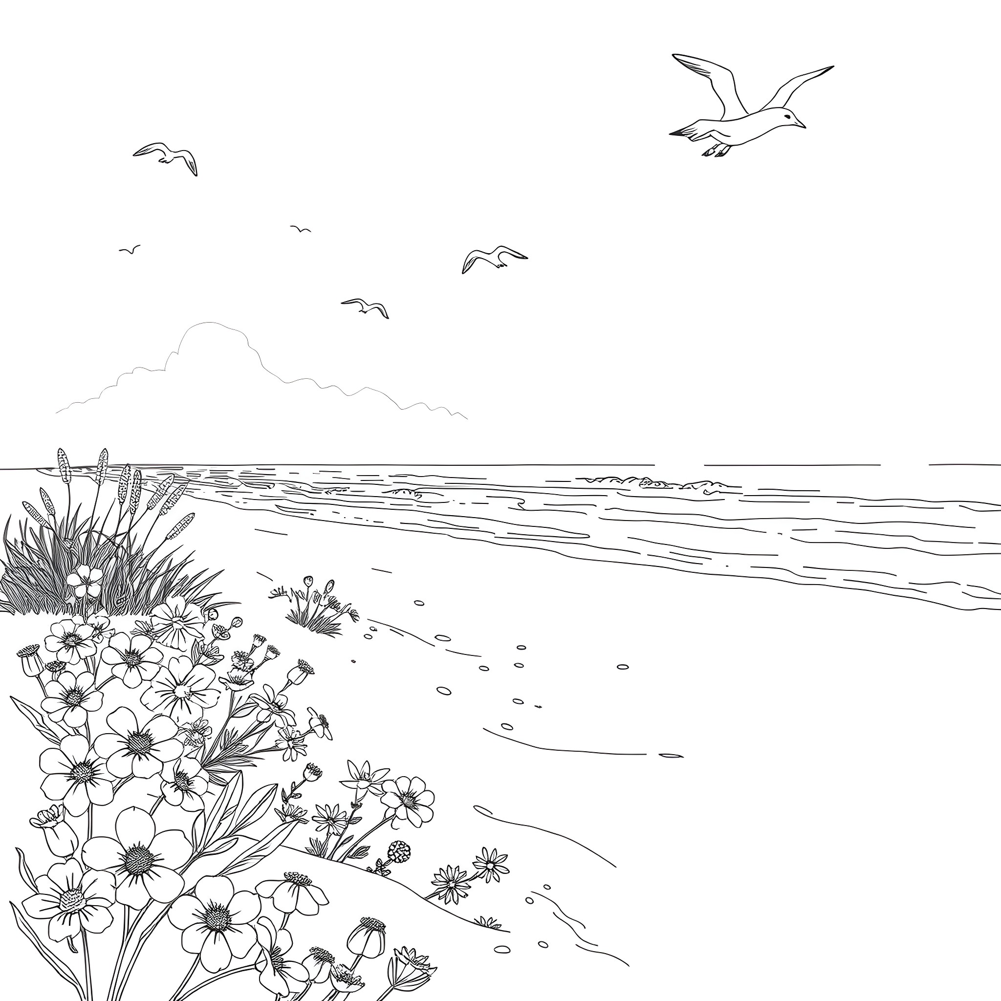 Flower garden by the seaside with flying birds Coloring Page (free black-and-white line drawing printable PDF for all, from beginners to advanced learners, including children, teens, adults, and seniors)