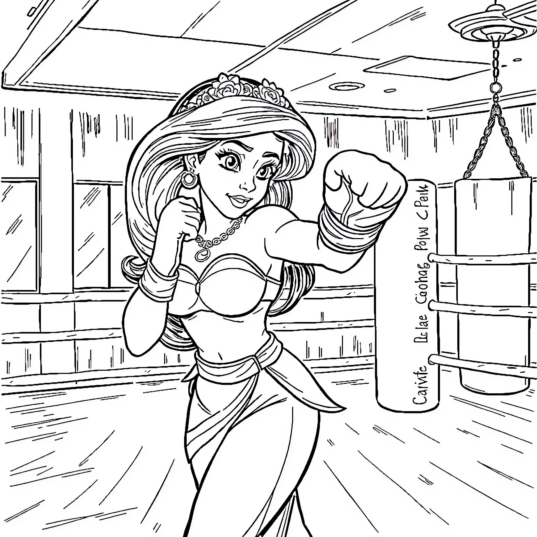 Jasmine striking a fighting pose in the palace Coloring Page (free black-and-white line drawing printable PDF for all, from beginners to advanced learners, including children, teens, adults, and seniors)