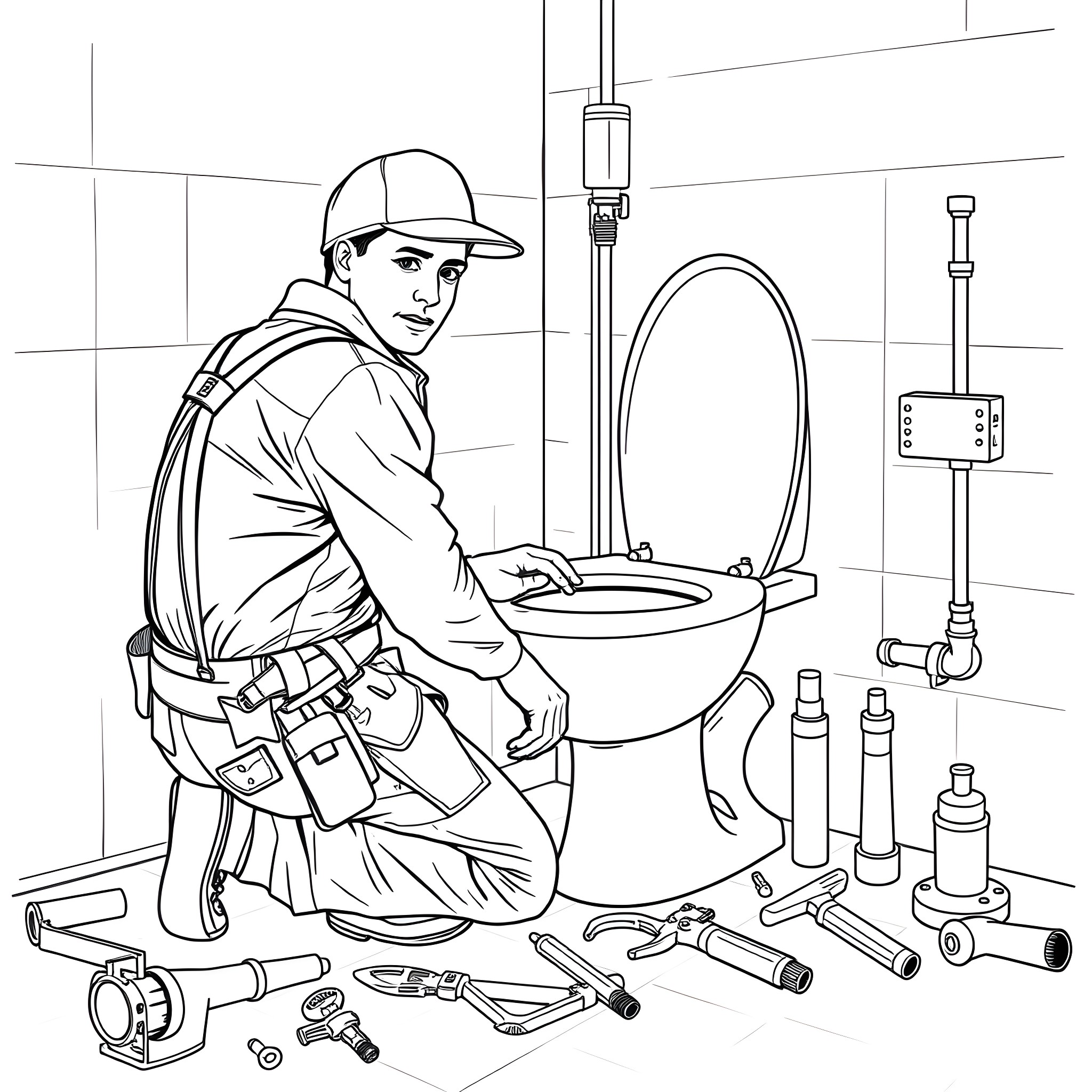 Plumber Fixing a Toilet in the Bathroom Coloring Page (free black-and-white line drawing printable PDF for all, from beginners to advanced learners, including children, teens, adults, and seniors)
