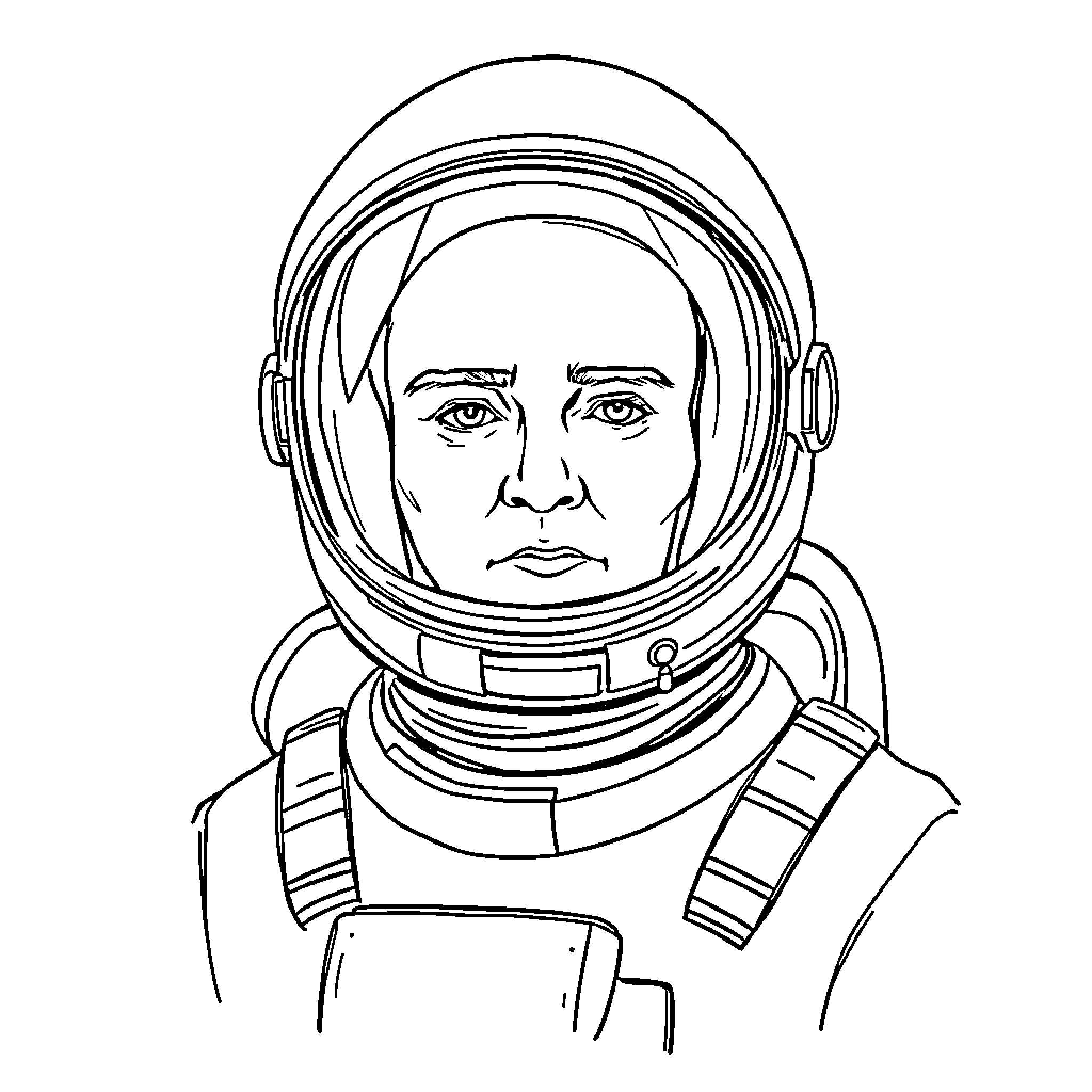 Astronaut with determined expression in spacesuit Coloring Page (free black-and-white line drawing printable PDF for all, from beginners to advanced learners, including children, teens, adults, and seniors)