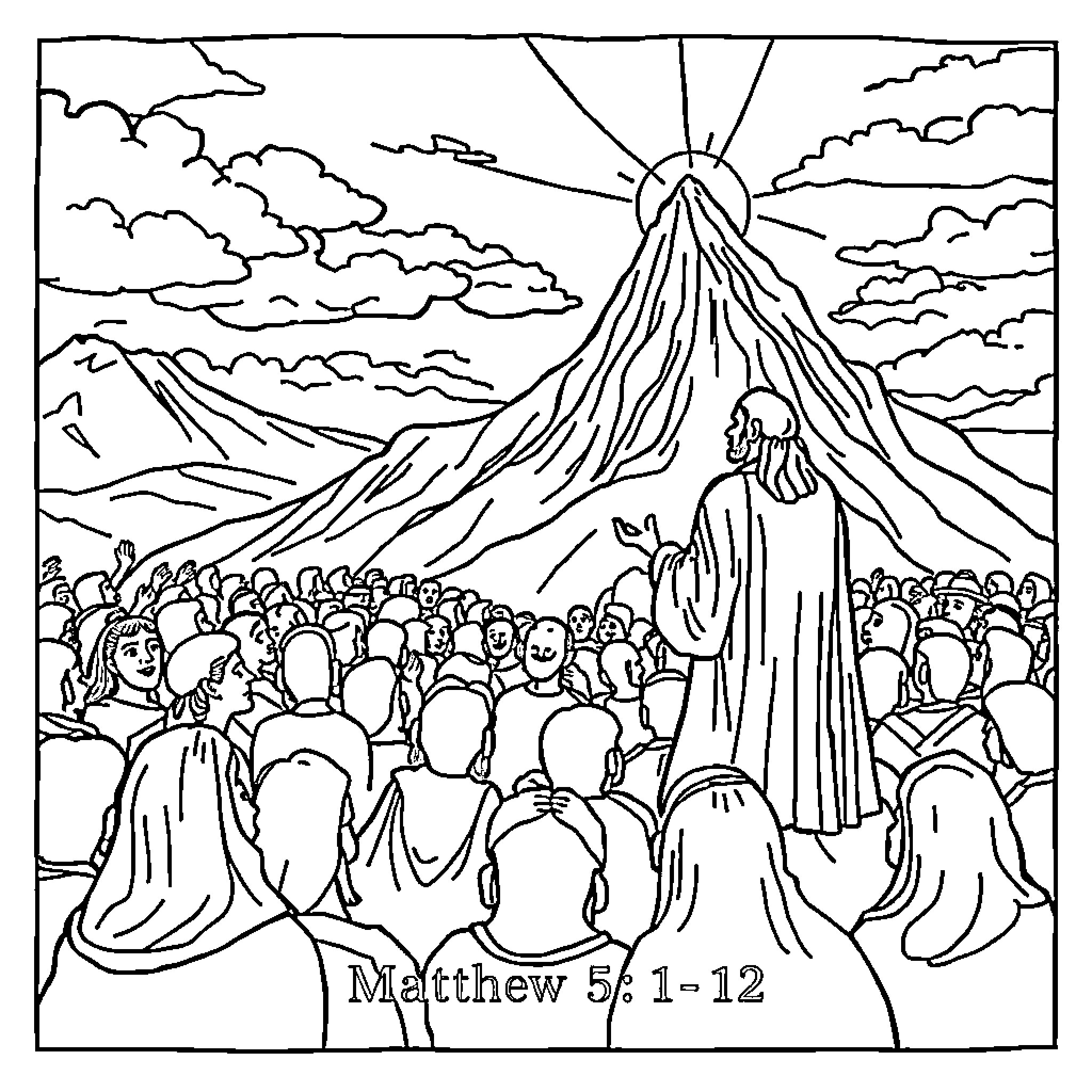 Bible scene of people gathered before a luminous figure Coloring Page (free black-and-white line drawing printable PDF for all, from beginners to advanced learners, including children, teens, adults, and seniors)