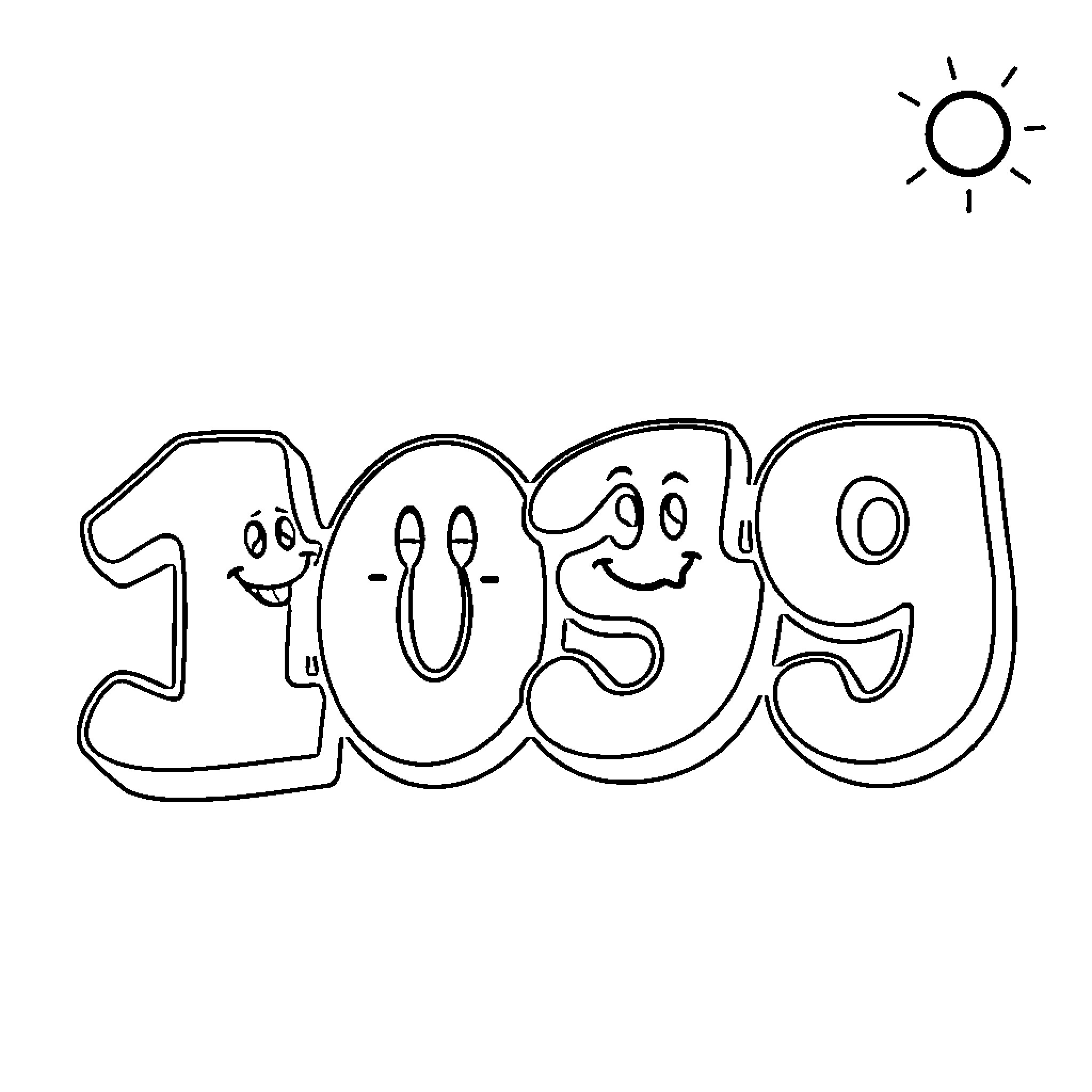 Number 1099 with Cartoon Faces Coloring Page (free black-and-white line drawing printable PDF for all, from beginners to advanced learners, including children, teens, adults, and seniors)