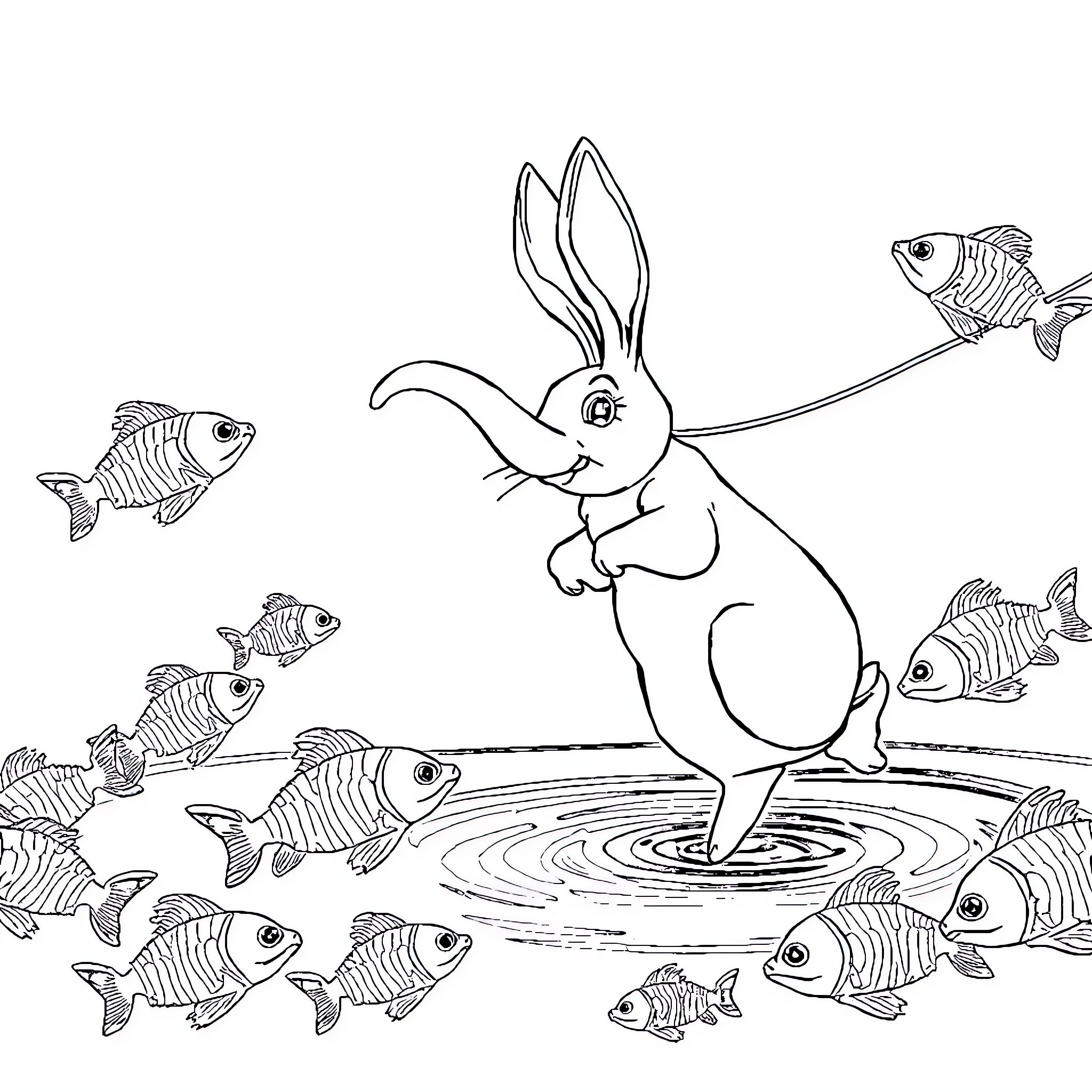 Lapin enjoying a playful moment with fish Coloring Page (free black-and-white line drawing printable PDF for all, from beginners to advanced learners, including children, teens, adults, and seniors)