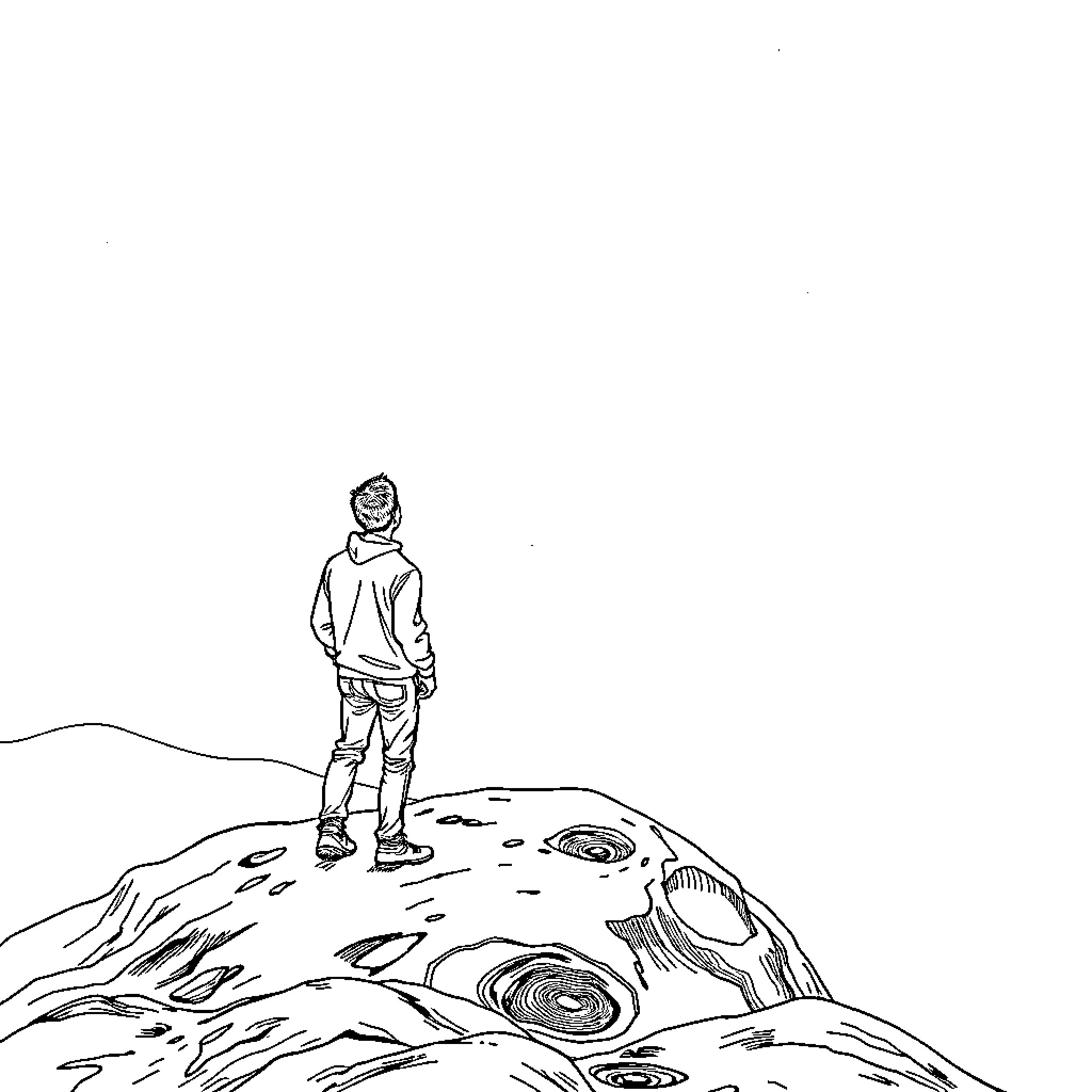 Man standing atop a rocky, uneven landscape Coloring Page (free black-and-white line drawing printable PDF for all, from beginners to advanced learners, including children, teens, adults, and seniors)