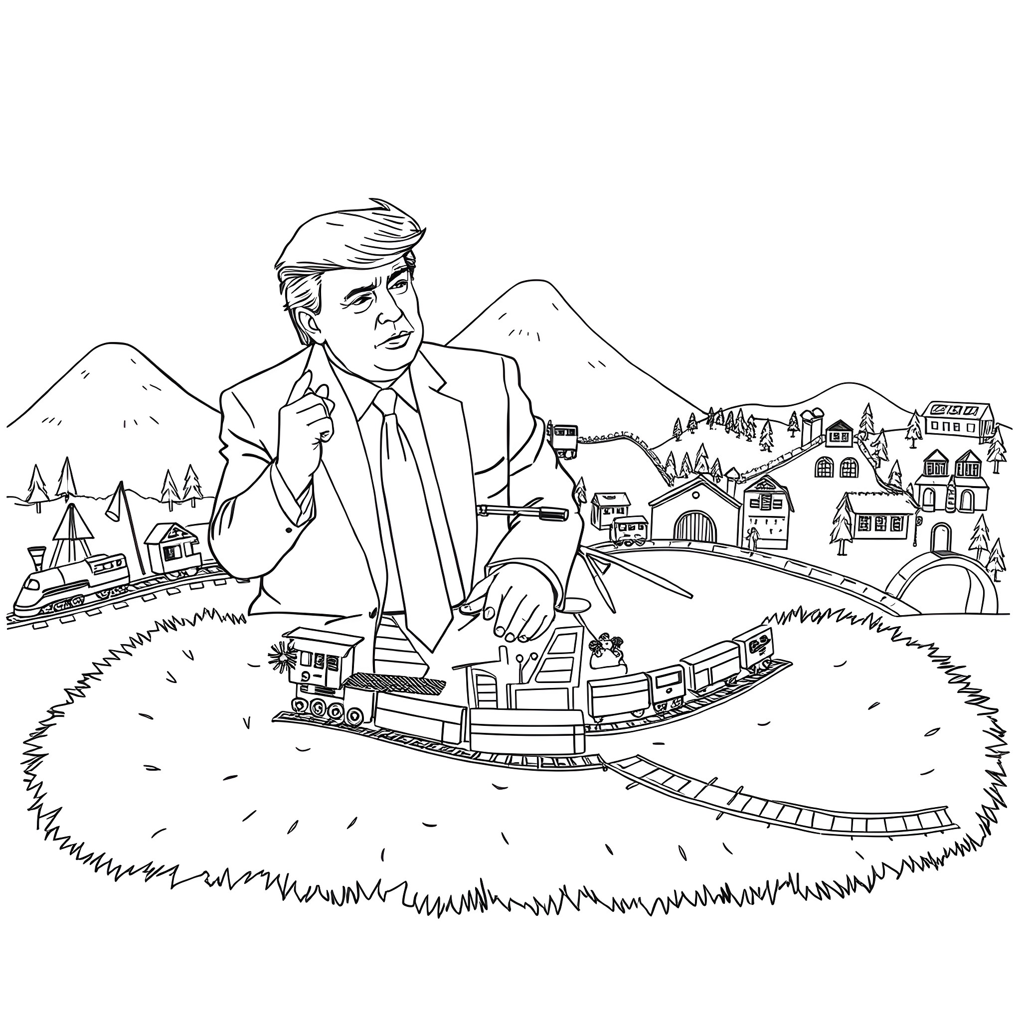 Donald Trump operating a toy train in a miniature countryside landscape Coloring Page (free black-and-white line drawing printable PDF for all, from beginners to advanced learners, including children, teens, adults, and seniors)