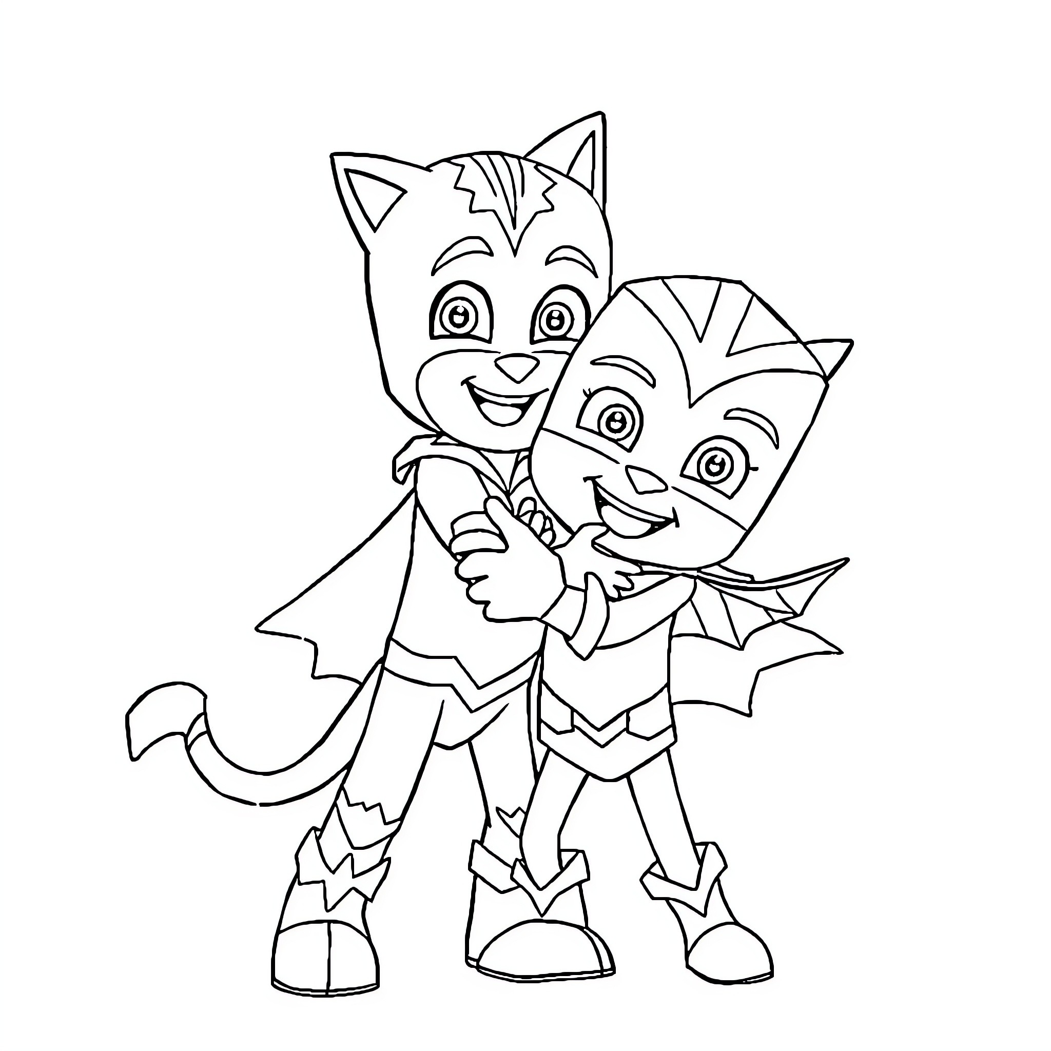 Catboy duo in playful embrace Coloring Page (free black-and-white line drawing printable PDF for all, from beginners to advanced learners, including children, teens, adults, and seniors)