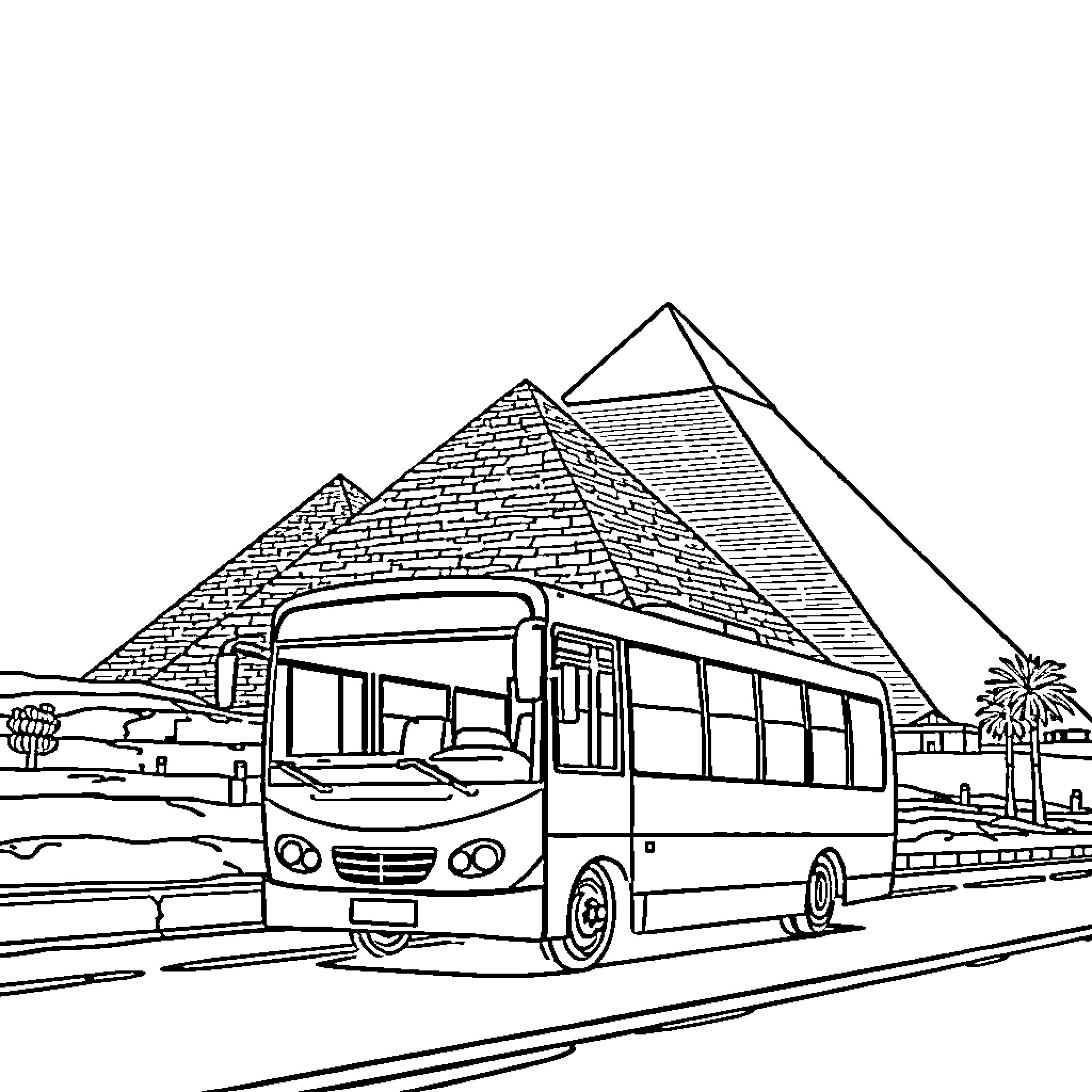 Bus Touring Past Egyptian Pyramids Coloring Page (free black-and-white line drawing printable PDF for all, from beginners to advanced learners, including children, teens, adults, and seniors)