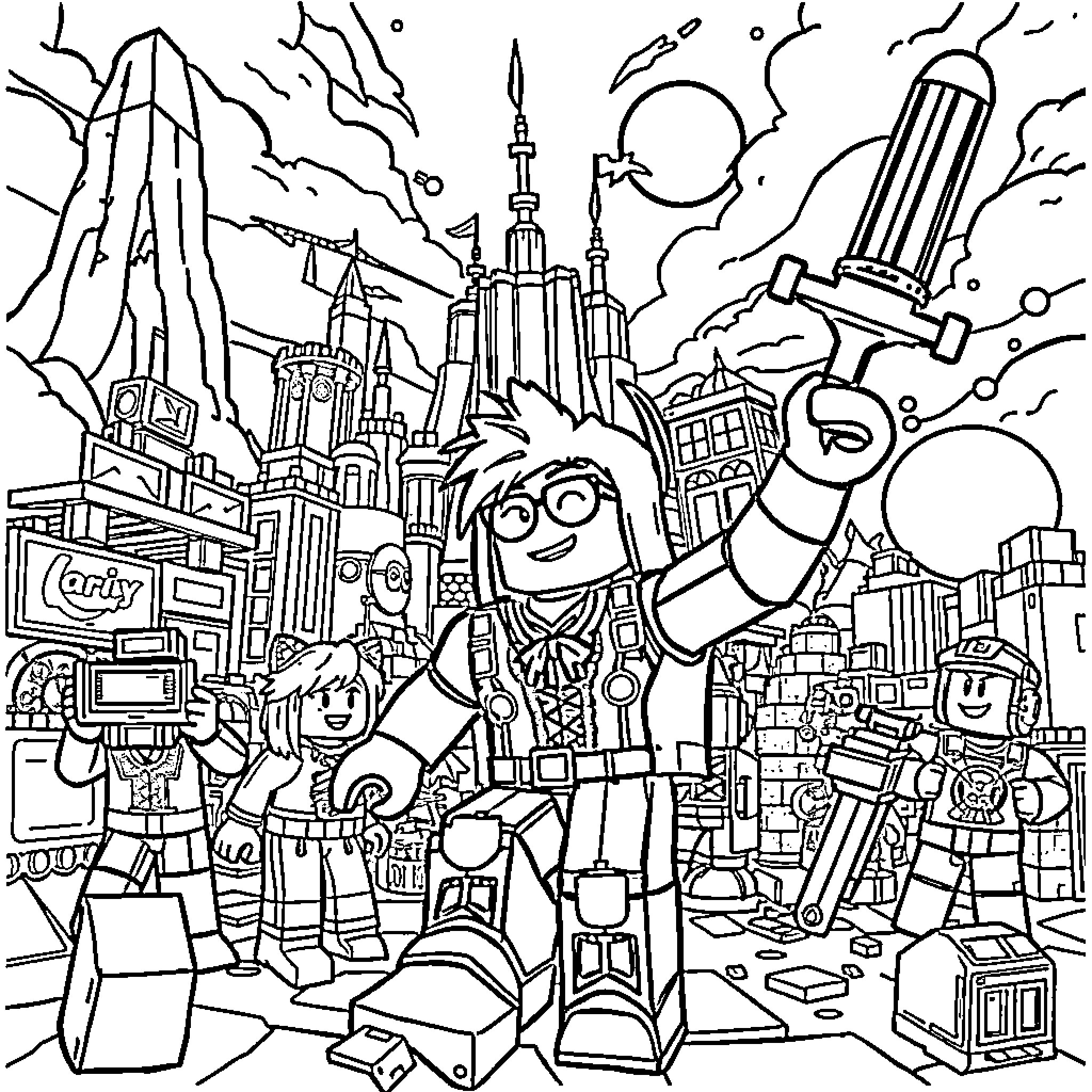 Roblox characters exploring a futuristic city landscape Coloring Page (free black-and-white line drawing printable PDF for all, from beginners to advanced learners, including children, teens, adults, and seniors)