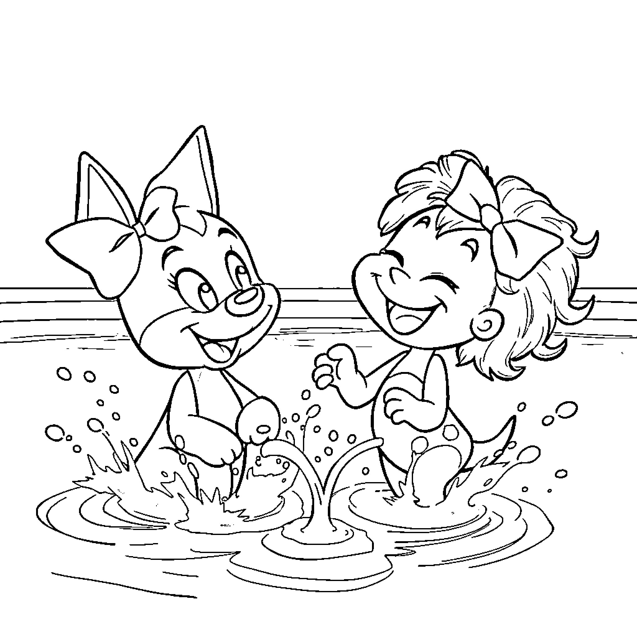 Bluey and Friends Splashing in the Water Coloring Page (free black-and-white line drawing printable PDF for all, from beginners to advanced learners, including children, teens, adults, and seniors)