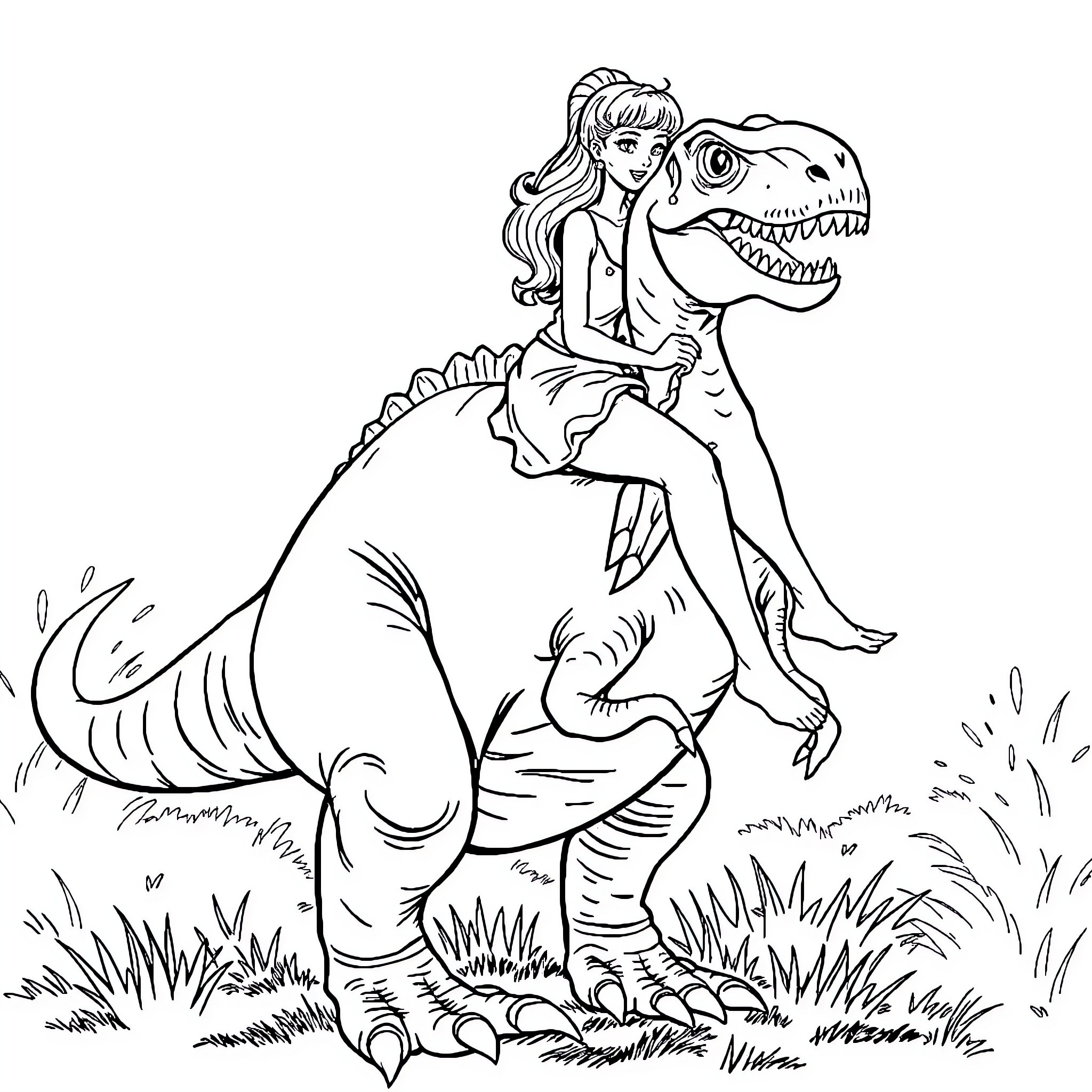 Lady riding a fearsome dinosaur in nature Coloring Page (free black-and-white line drawing printable PDF for all, from beginners to advanced learners, including children, teens, adults, and seniors)