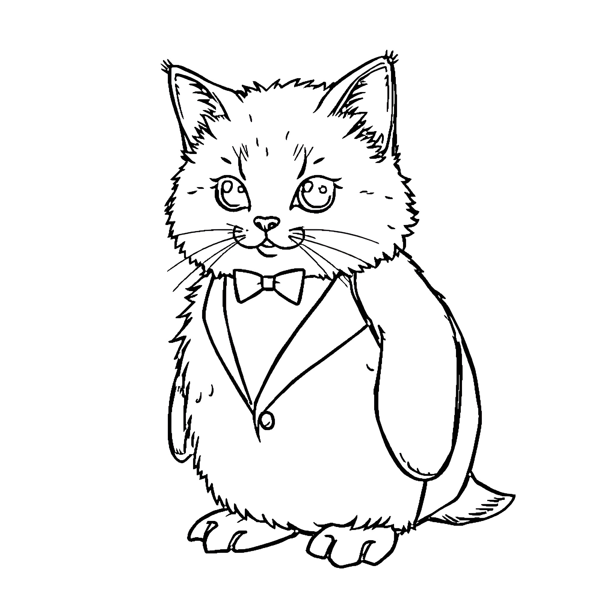 Cat-Penguin dressed in formal attire Coloring Page (free black-and-white line drawing printable PDF for all, from beginners to advanced learners, including children, teens, adults, and seniors)