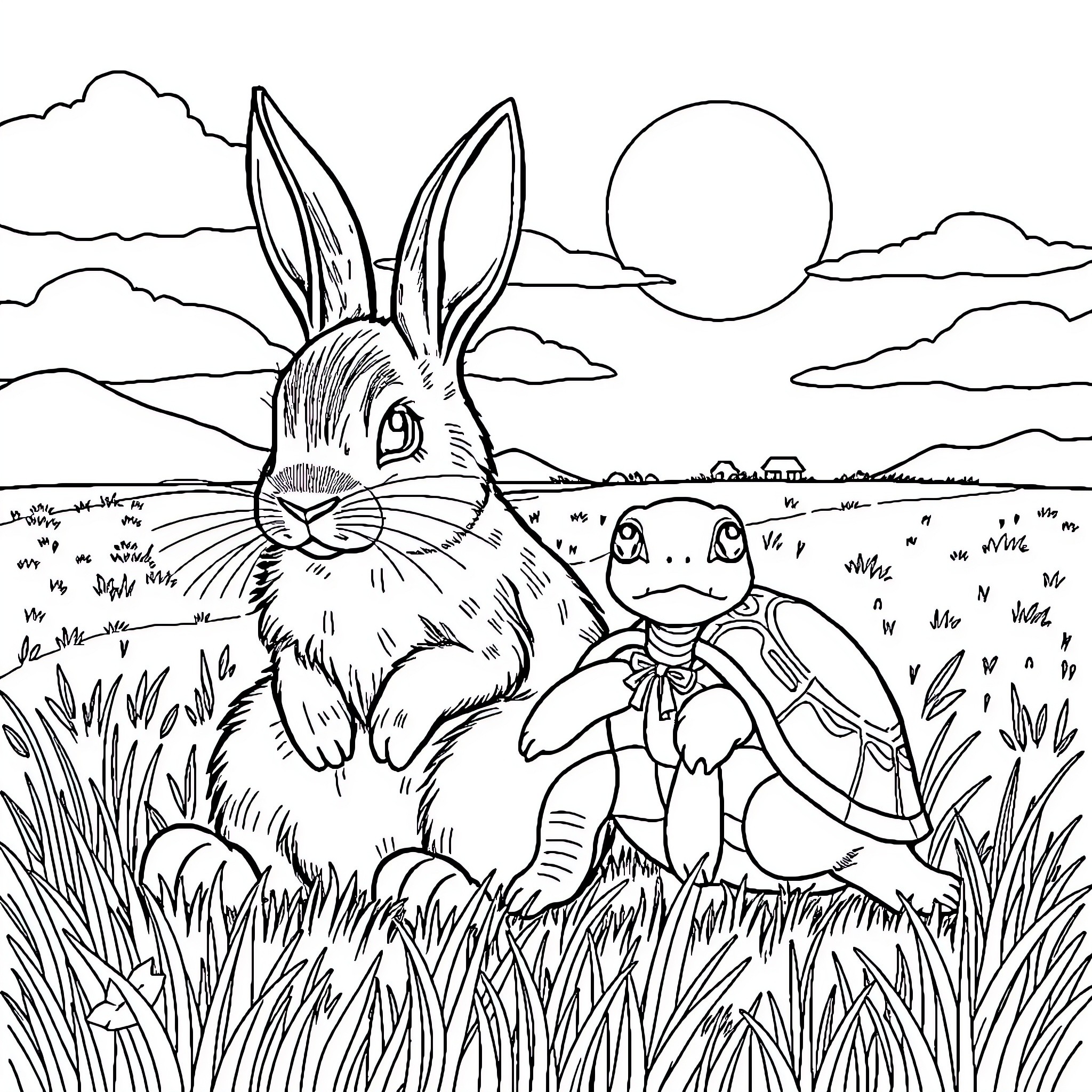 Rabbit and Turtle Strolling in Scenic Landscape Coloring Page (free black-and-white line drawing printable PDF for all, from beginners to advanced learners, including children, teens, adults, and seniors)