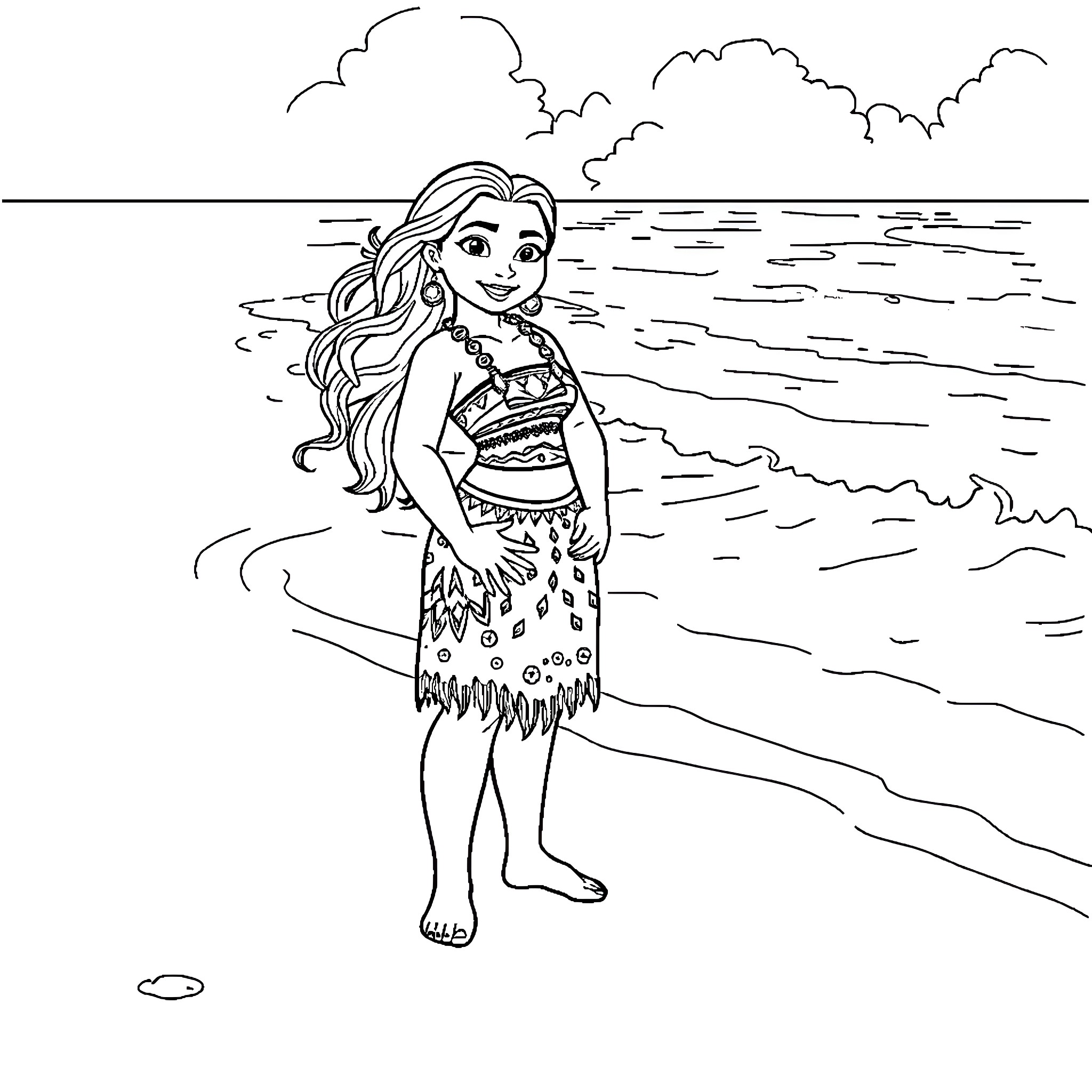 Moana exploring the ocean beach Coloring Page (free black-and-white line drawing printable PDF for all, from beginners to advanced learners, including children, teens, adults, and seniors)