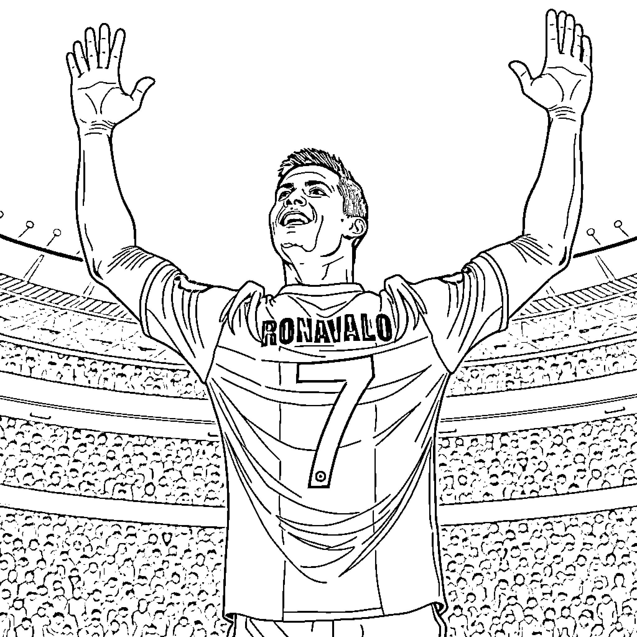 Cr7 celebrating victory in the stadium Coloring Page (free black-and-white line drawing printable PDF for all, from beginners to advanced learners, including children, teens, adults, and seniors)