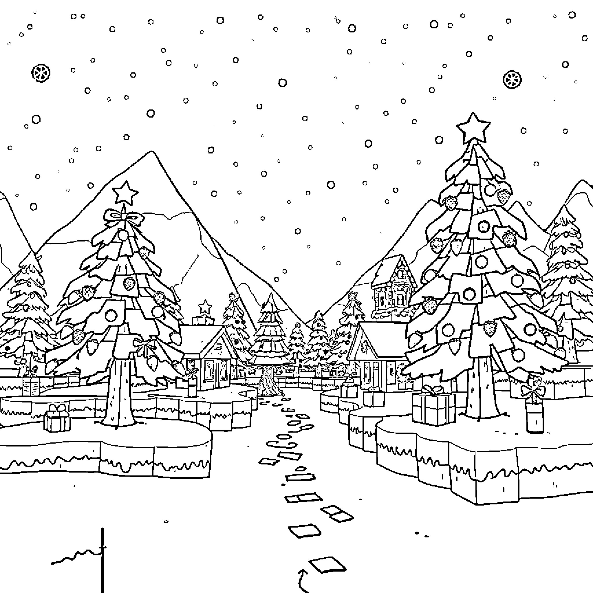 Minecraft Christmas snow scene with trees and buildings Coloring Page (free black-and-white line drawing printable PDF for all, from beginners to advanced learners, including children, teens, adults, and seniors)