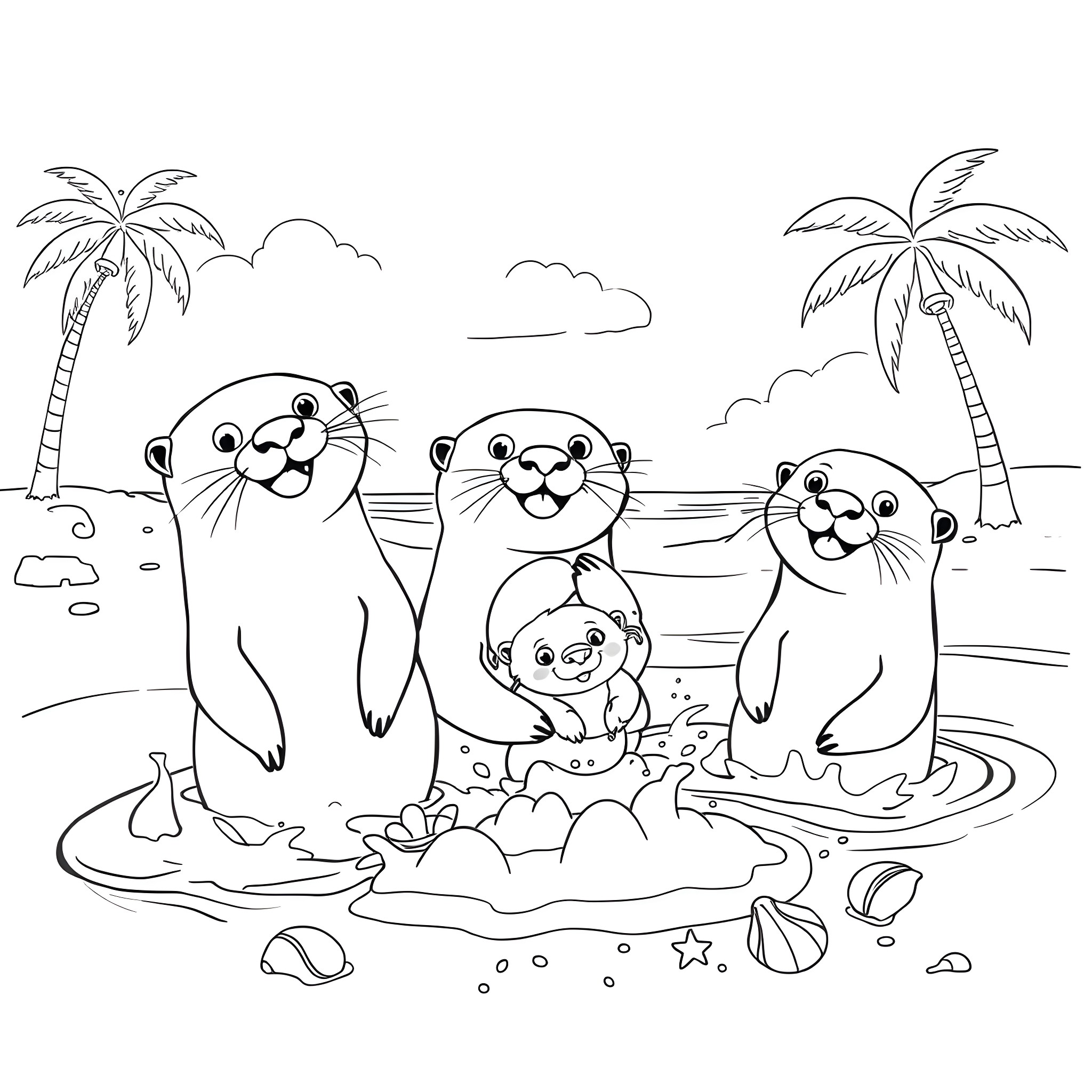 Otter family playing in the ocean Coloring Page (free black-and-white line drawing printable PDF for all, from beginners to advanced learners, including children, teens, adults, and seniors)