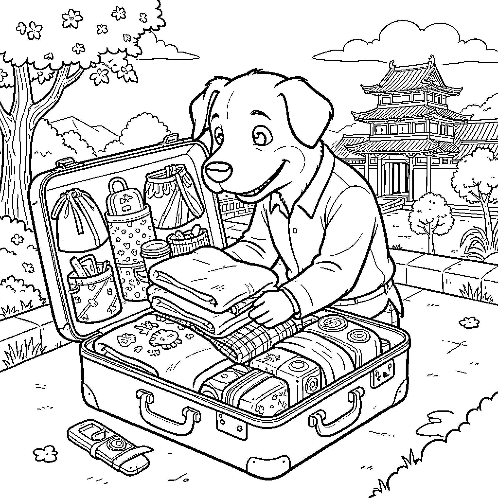 Dogman packing his suitcase for an adventure Coloring Page (free black-and-white line drawing printable PDF for all, from beginners to advanced learners, including children, teens, adults, and seniors)